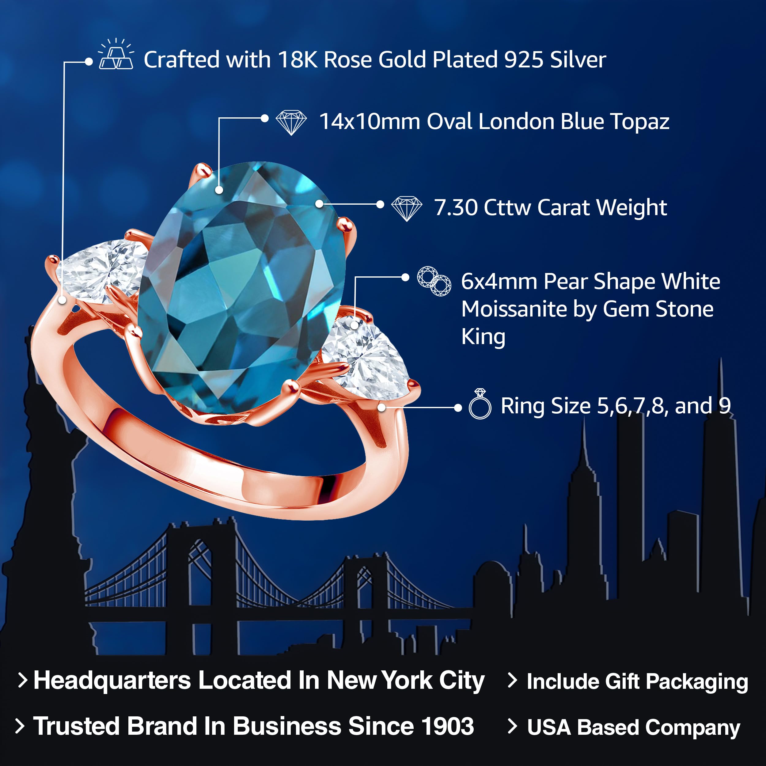 18K Rose Gold Plated Silver 3-Stone Ring with Oval London Blue Topaz & Moissanite (7.30 Cttw) - Elegant Jewelry for Engagement, Wedding & Anniversary Gifts | Gem Stone King