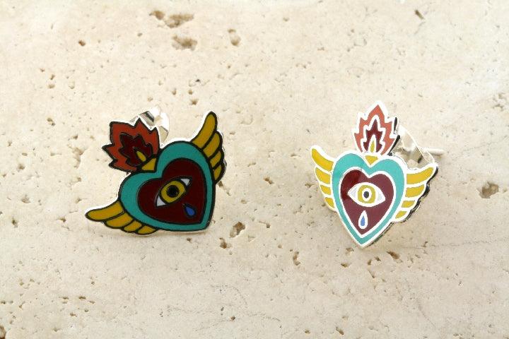 Yellow, Green, Red Enamel Flying Heart Stud Earrings - Sterling Silver Jewelry for Women - Perfect for Valentine's Day Gifts & Everyday Wear