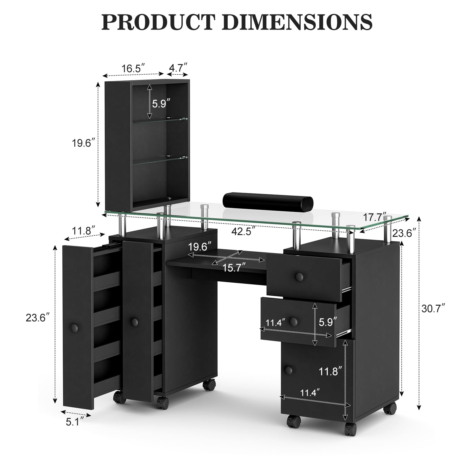 Professional Manicure Table with Tempered Glass Top - Acrylic Nail Tech Station with Storage Drawers, Open Shelves & Wrist Rest | Mobile Beauty Salon Furniture with Locking Wheels for Nail Artists & Home Use (Black) - Perfect for Nail Salons, Home Studios & Mobile Beauty Services