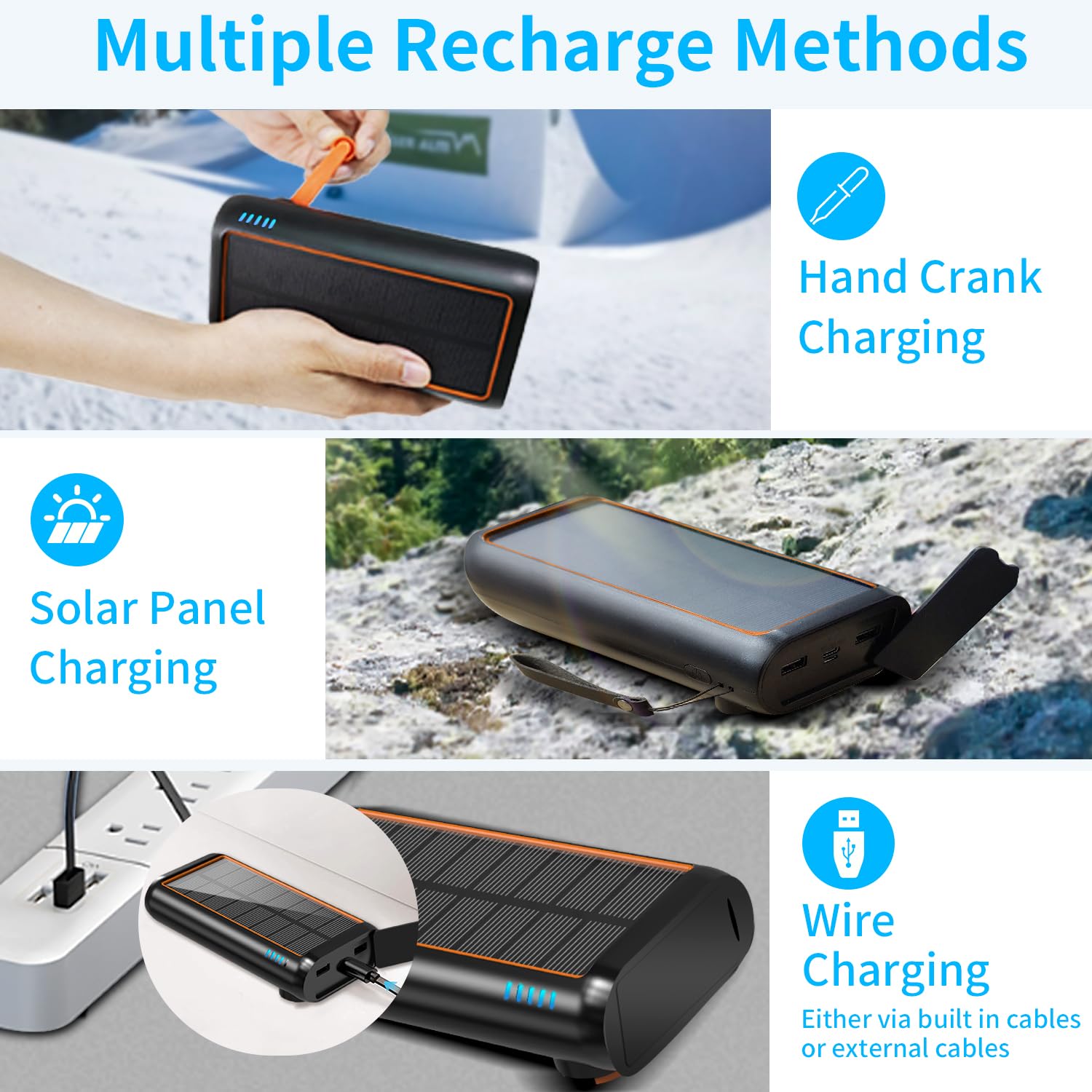 ReeZar 61200mAh Solar Power Bank with Hand Crank - Portable Charger with 4 Built-in Cables, 7 Outputs & 15W Fast Charging for iPhone, Android, Tablets - Emergency SOS Flashlight for Camping, Hiking, Travel