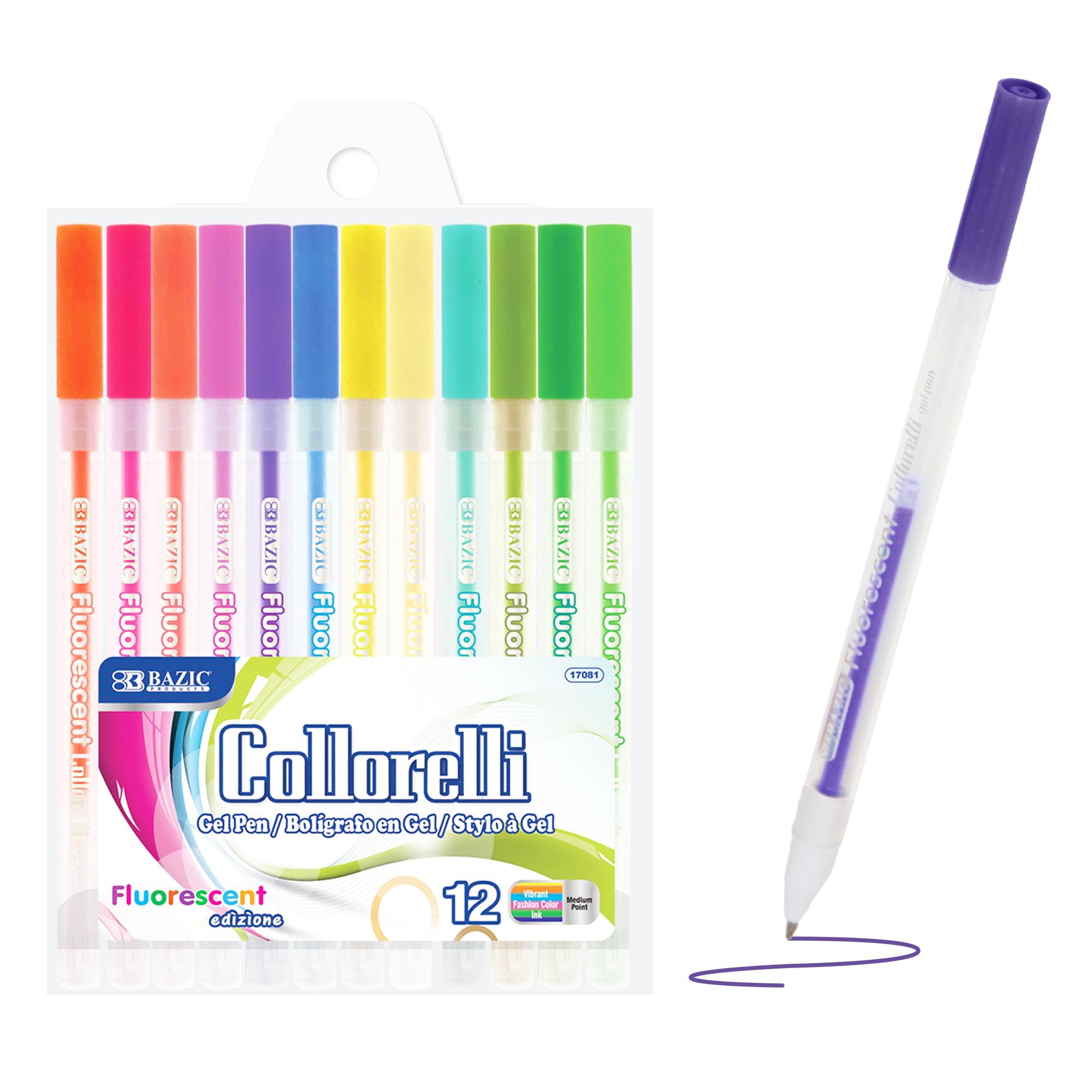 BAZIC Collorelli 0.8mm Neon Gel Pens - Acid Free Smooth Writing Pens for Drawing, Coloring, Greeting Cards & Art Projects - Vibrant Colors for Journaling, Note Taking, School Supplies & Christmas Gifts (12-Pack, 144-Packs)