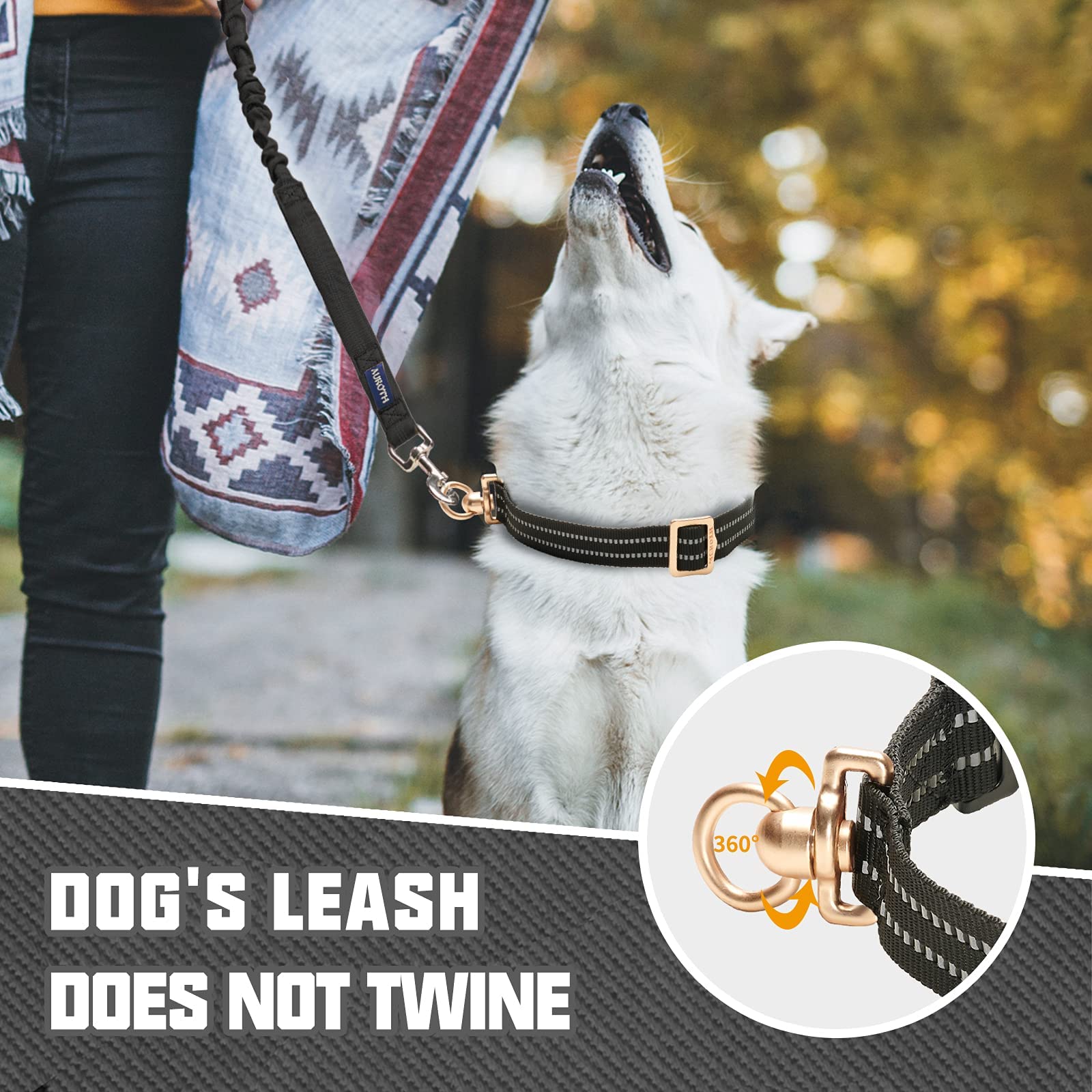 Auroth Heavy Duty Bungee Dog Leash with Reflective Collar Set - 6FT No-Pull Shock Absorbing Leash for Medium & Large Dogs - Perfect for Walking, Running, Hiking & Car Travel Safety
