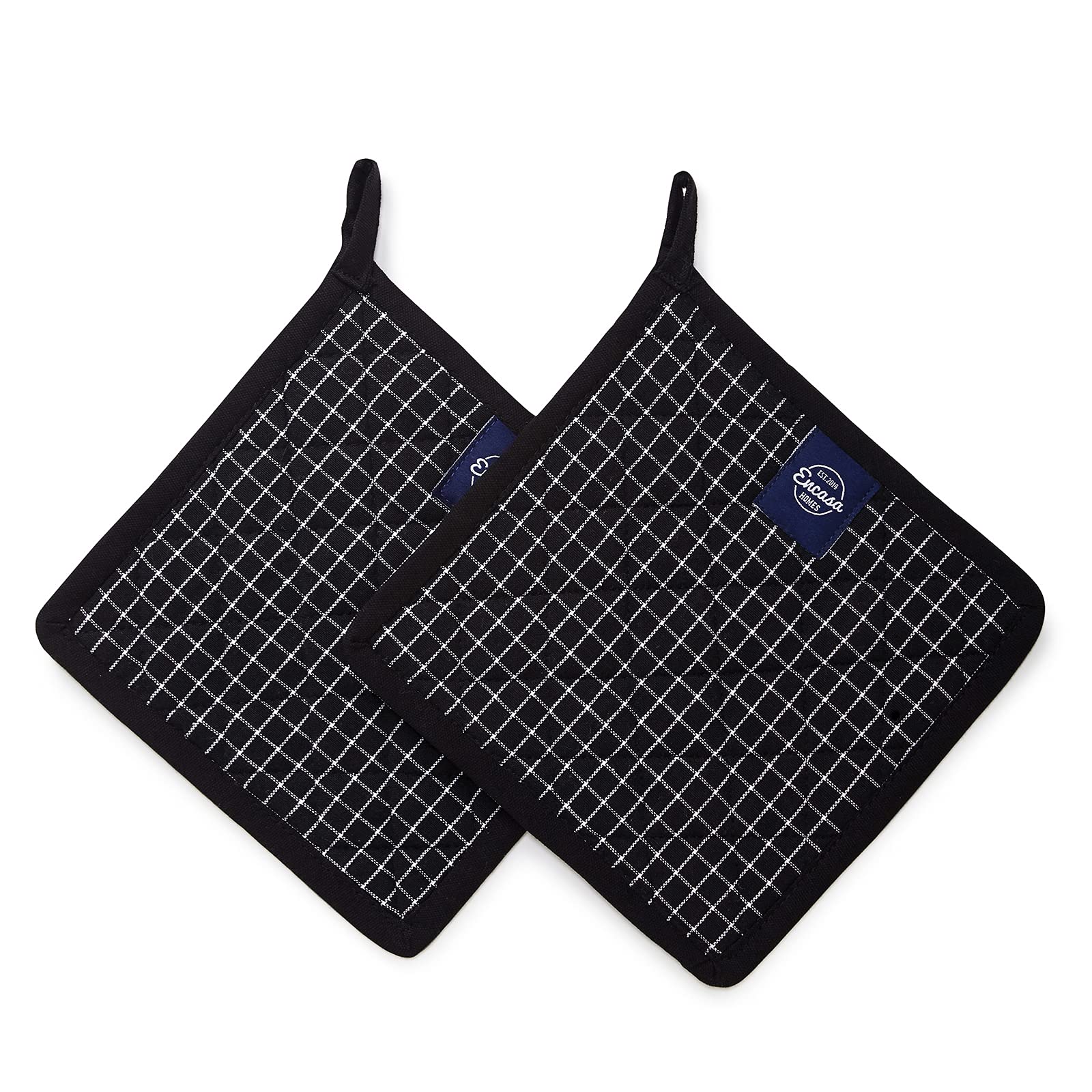 Encasa Homes 8 Inch Oven Microwave Potholders Set of 2 - Heat Resistant Kitchen Mitts for Cooking, Baking & Grilling - Thick & Safe Hand Protection from Hot Pans, Dishes & Utensils - Butcher Check Black Design for Modern Kitchens