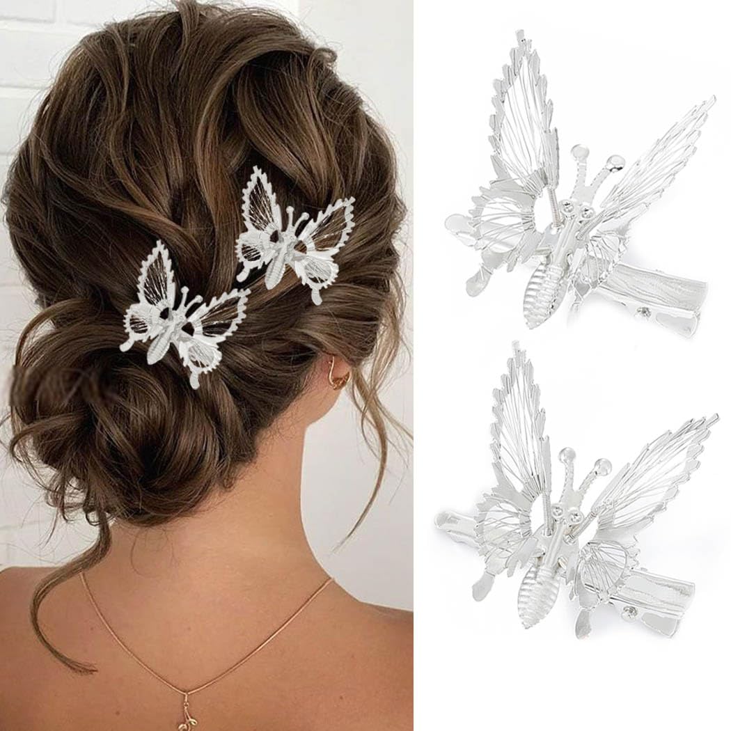 BARTOSI Silver Butterfly Hair Clips - Moving Butterfly Hair Pins for Women & Girls (Pack of 2) | Elegant Hair Accessories for Parties, Weddings & Everyday Wear