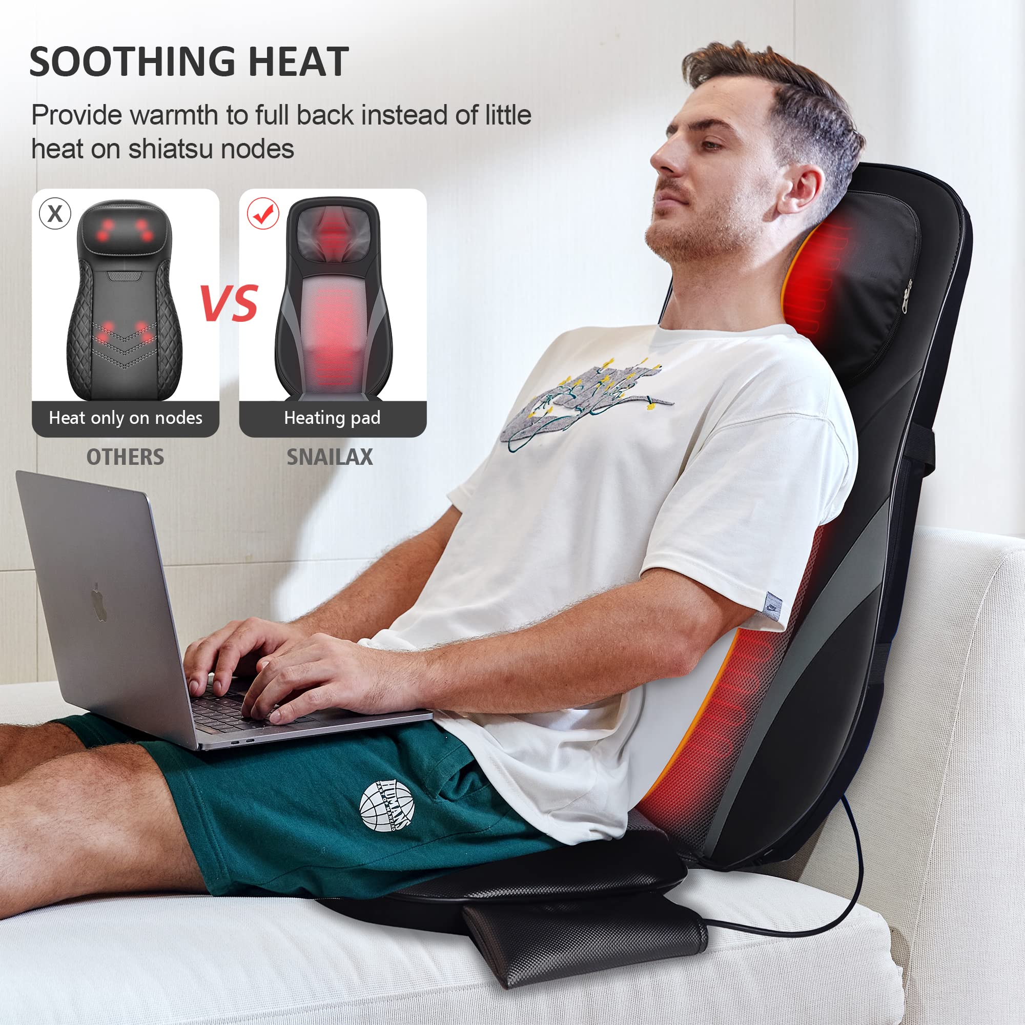 Snailax Shiatsu Neck and Back Massager with Heat - Adjustable Height Massage Chair Pad for Full Back Kneading & Rolling - Perfect Gift for Men & Women - Relieve Stress at Home, Office, or Car