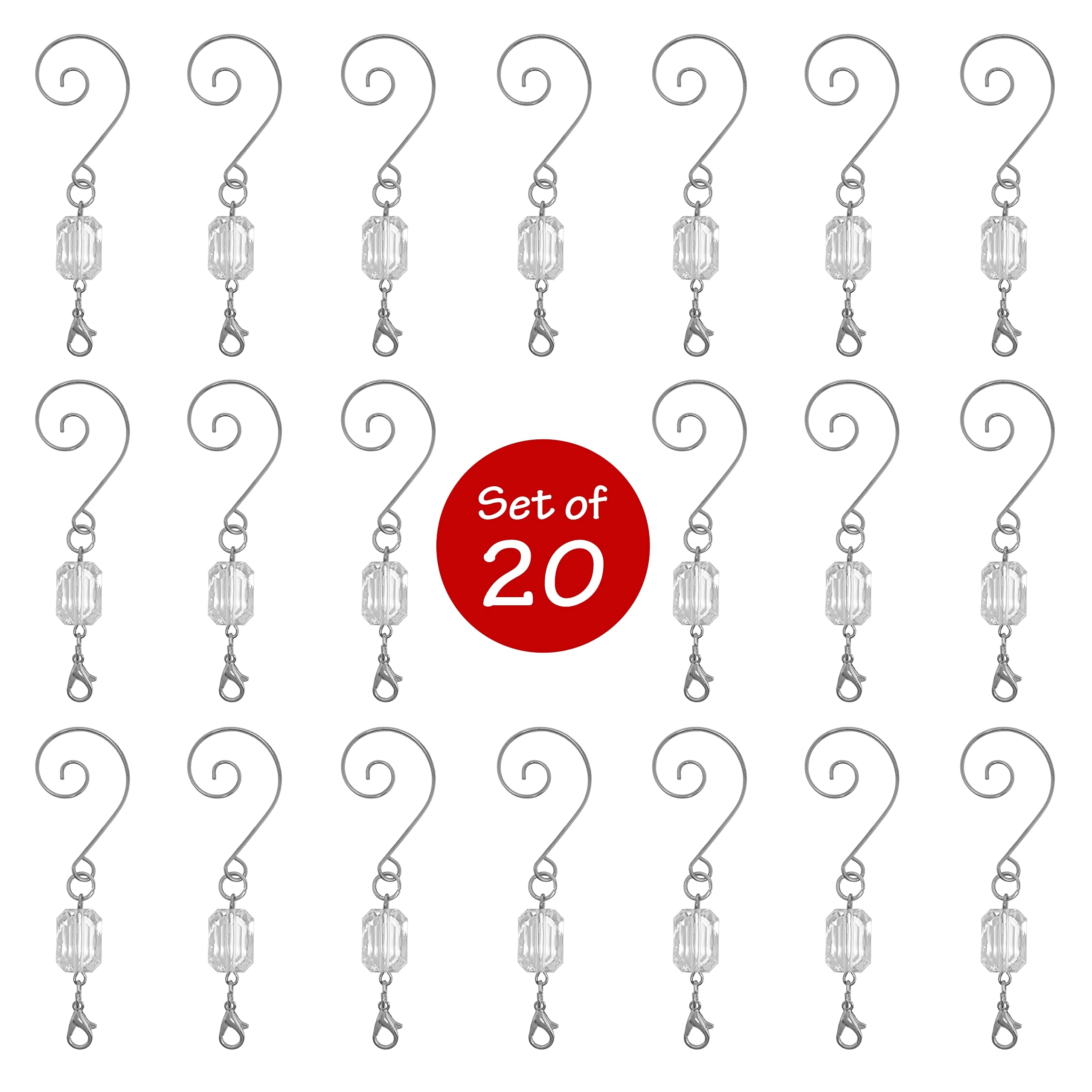 Clear Acrylic Silver Wire Christmas Ornament Hooks - Pack of 20 - Perfect for Hanging Tree Decorations, DIY Crafts & Holiday Home Decor