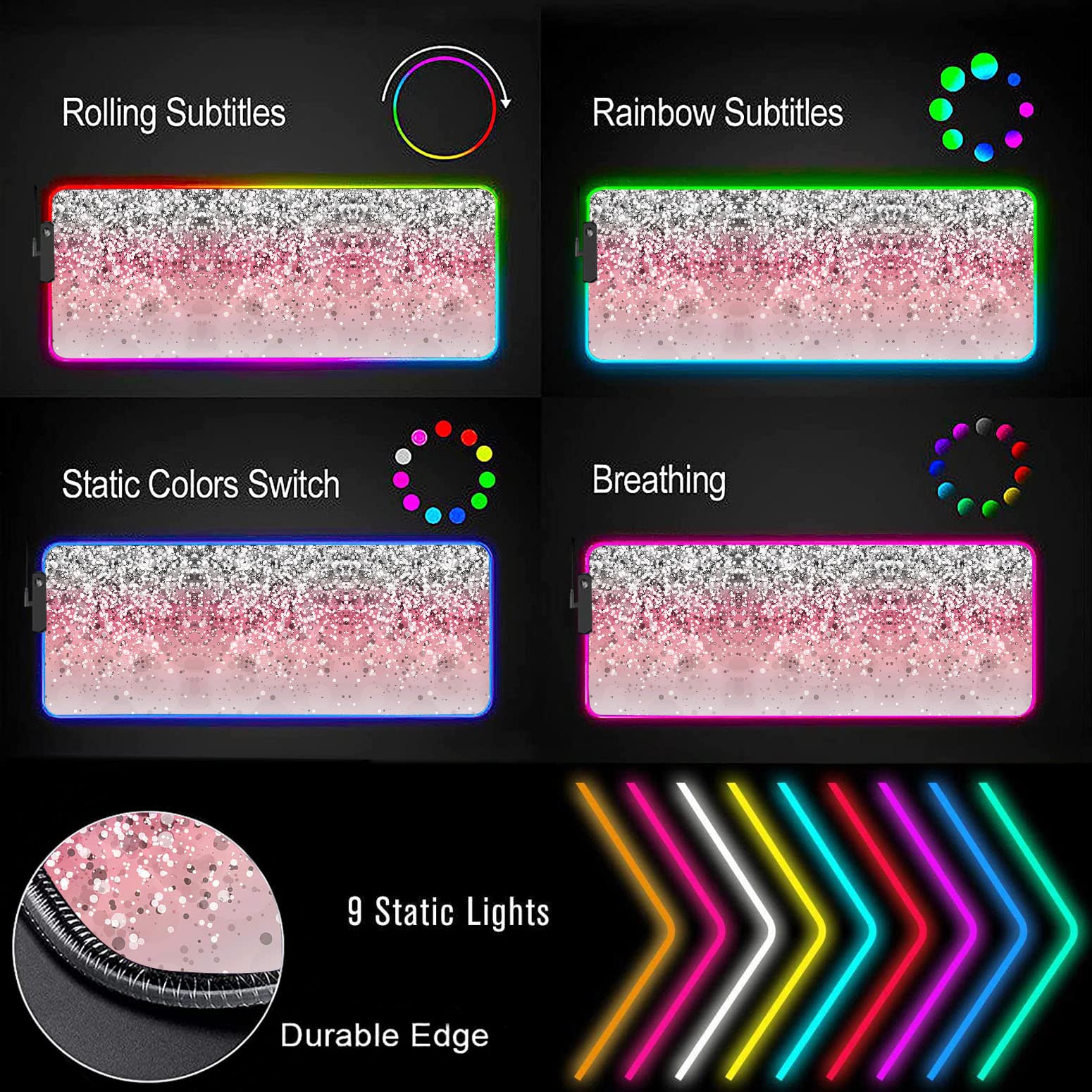 RGB Gaming Mouse Pad with LED Lights - Large Non-Slip Waterproof Desk Mat for Keyboard & Mouse - Pink Sparkles Glitter Pattern - Perfect for PC Gaming, Office Work & Streaming Setup