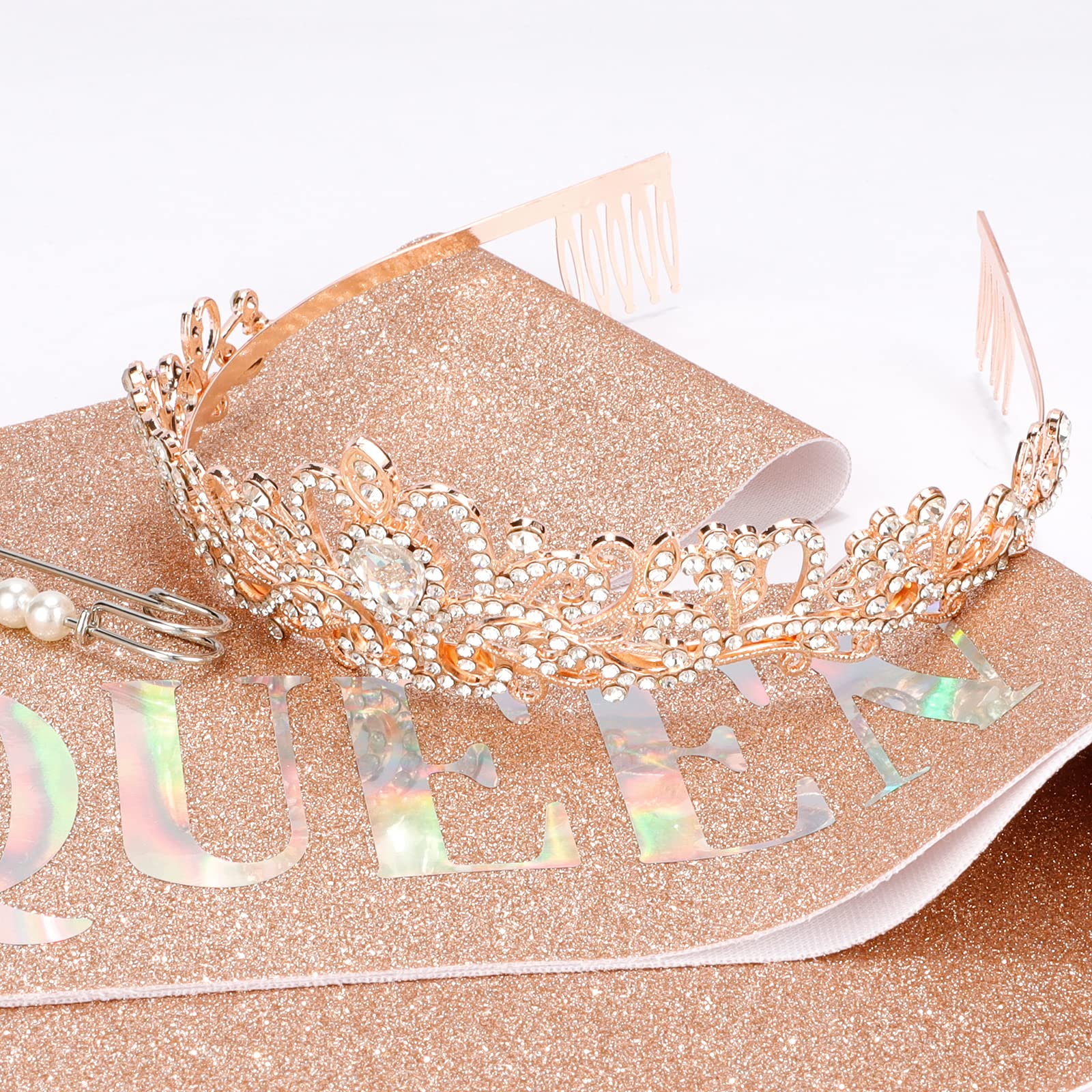 Rose Gold Birthday Crown & Tiara Set for Women - Queen Birthday Sash & Party Decorations | Perfect for Birthday Parties, Bridal Showers & Bachelorette Celebrations