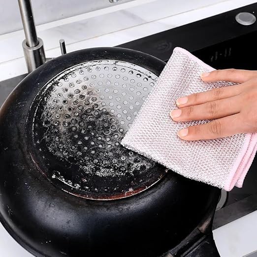 Non-Scratch Dual-Sided Dishwashing Cloths - Reusable Microfiber & Wire Cleaning Rags for Wet/Dry Use | Easy Rinse Kitchen Towels for Pots, Pans, Sinks | Durable Multi-Purpose Cleaning Cloths (6-Pack) - Perfect for Daily Dishwashing, Counter Cleaning & Stainless Steel Care