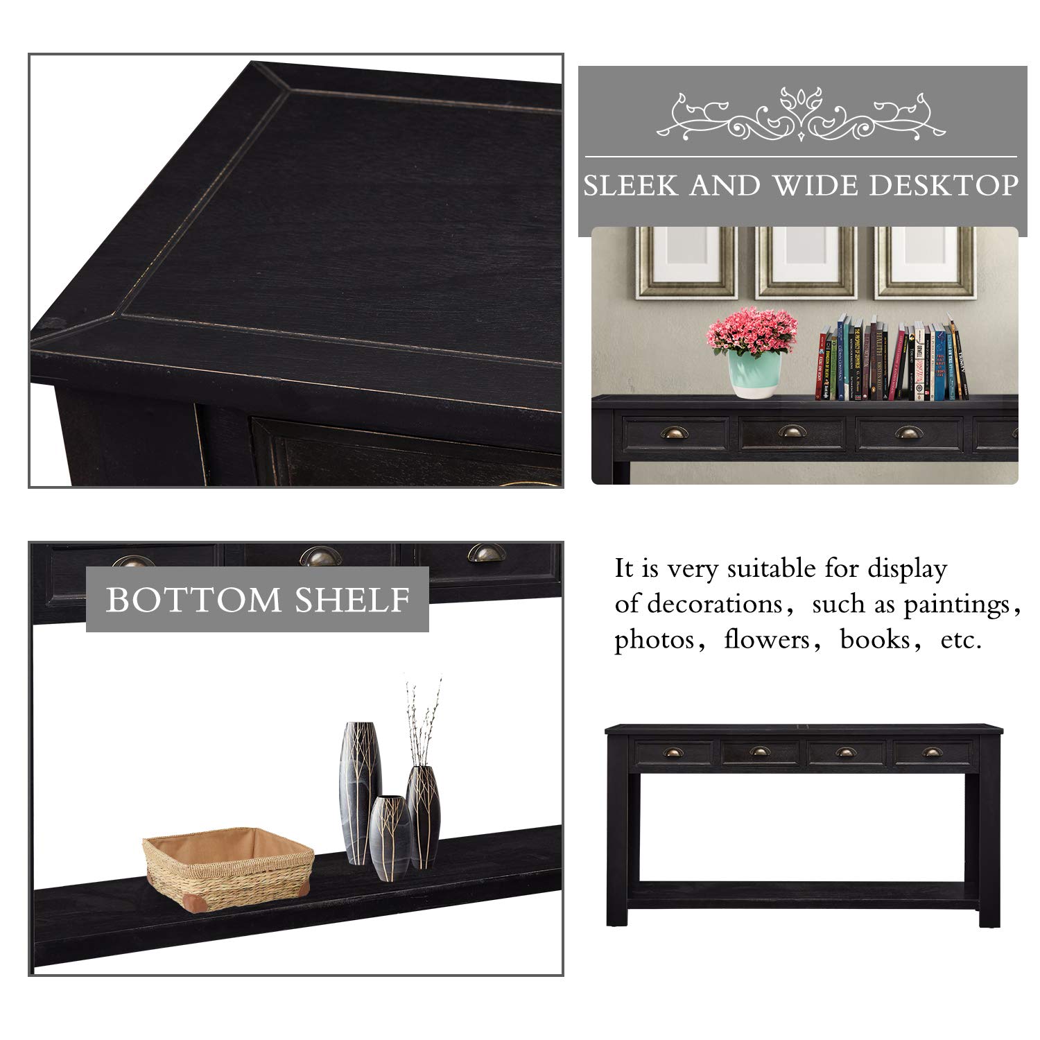 **Kinsuite 60 Inch Long Rustic Wooden Console Table with 4 Drawers & Storage Shelf - Entryway, Living Room, Hallway Sofa Table for Home Decor & Organization**    *(Perfect for foyers, behind sofas, or as a stylish hallway accent with ample storage!)*