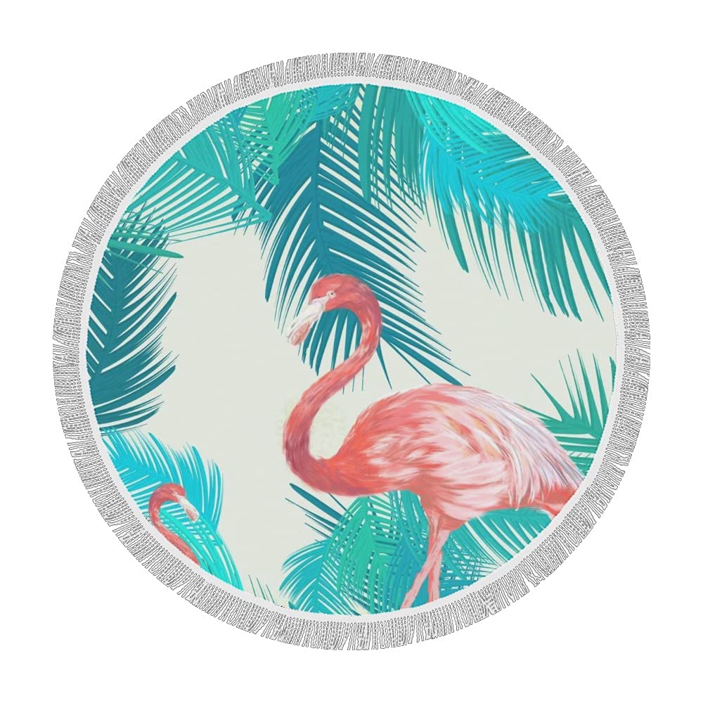 Flamingo and Palm Leaf Round Beach Towel - 59 Inch Large Soft Tassel Blanket for Adults & Kids - Perfect for Pool, Beach, Picnic and Outdoor Activities