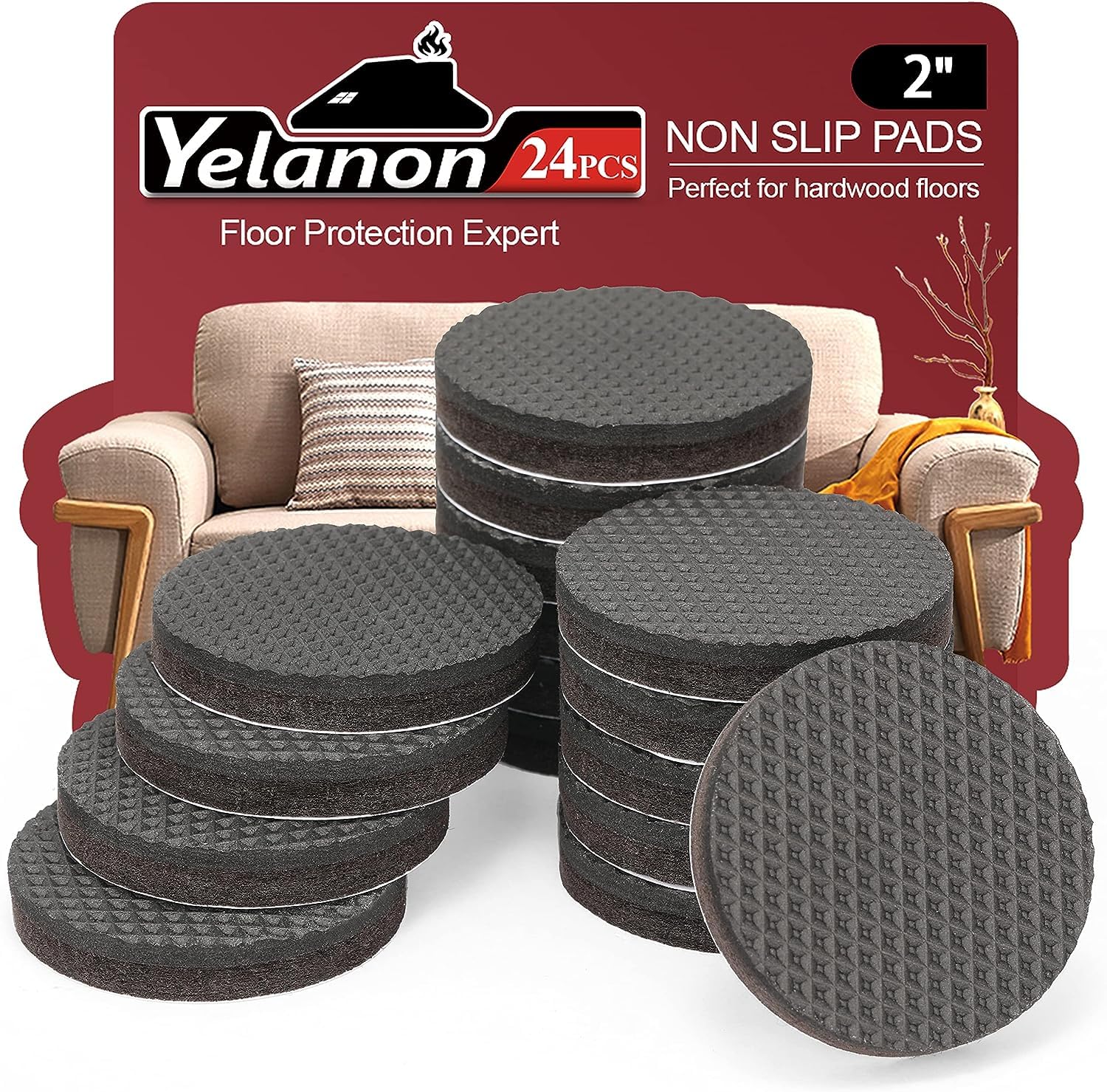 Yelanon Non-Slip Furniture Pads - 24 Pack 2-Inch Self-Adhesive Rubber Grippers for Hardwood Floors | Anti-Skid Furniture Leg Protectors for Couches, Chairs & Tables | Prevents Scratches & Noise on Wooden Floors
