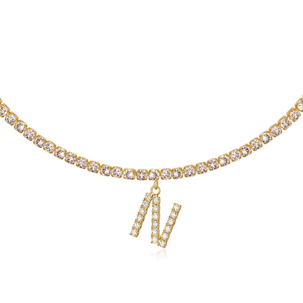 14K Gold Plated Letter Necklace - Personalized Initial Choker with CZ Diamonds | Elegant Tennis Chain for Women | Perfect Gift for Birthday, Anniversary & Valentine's Day