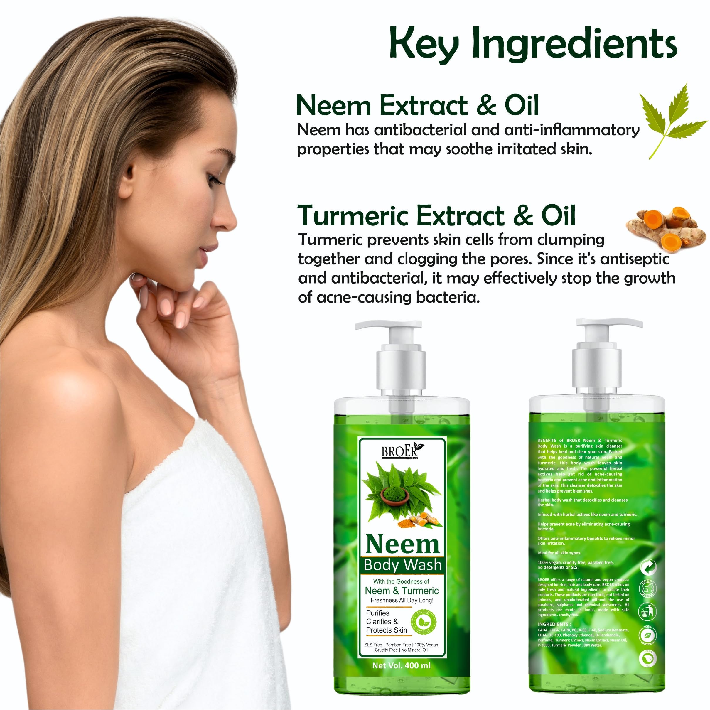 BROER Neem Body Wash Shower Gel - 400ML Luxury Natural Body Wash with Neem, Vitamin E, Aloe Vera & Turmeric | Paraben & SLS Free | Hydrating & Soothing for Dry Skin | Perfect for Daily Shower & Spa Day at Home
