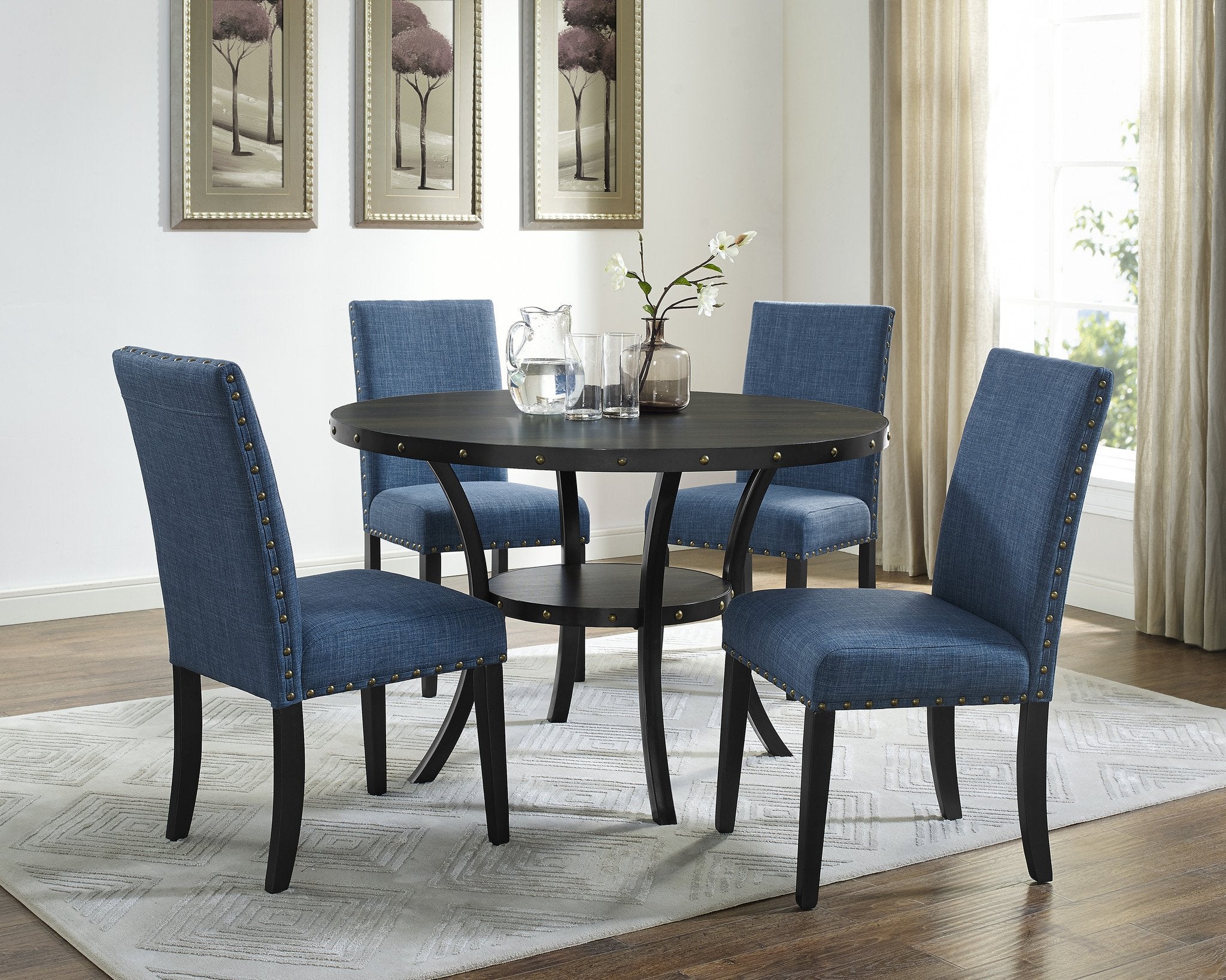 Roundhill Furniture Biony Espresso Wood Dining Set with Fabric Nailhead Chairs - 5-Piece Modern Kitchen Table Set for Small Spaces, Perfect for Breakfast Nook, Apartment Dining & Entertaining Guests