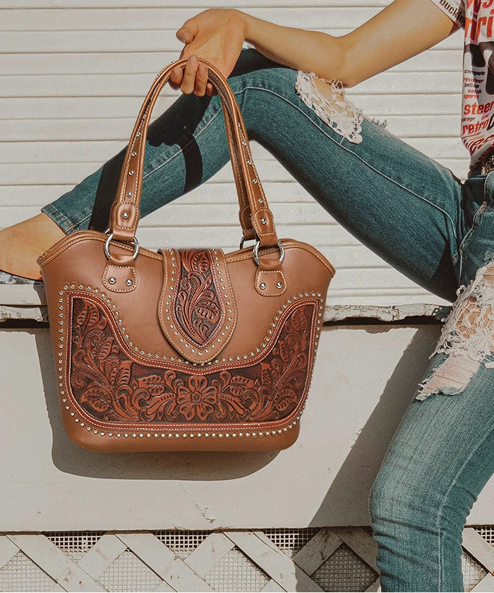 Montana West Studded Leather Concealed Carry Handbag for Women - Stylish CCW Purse with Hidden Gun Pocket - Perfect for Everyday Use, Travel & Self-Defense