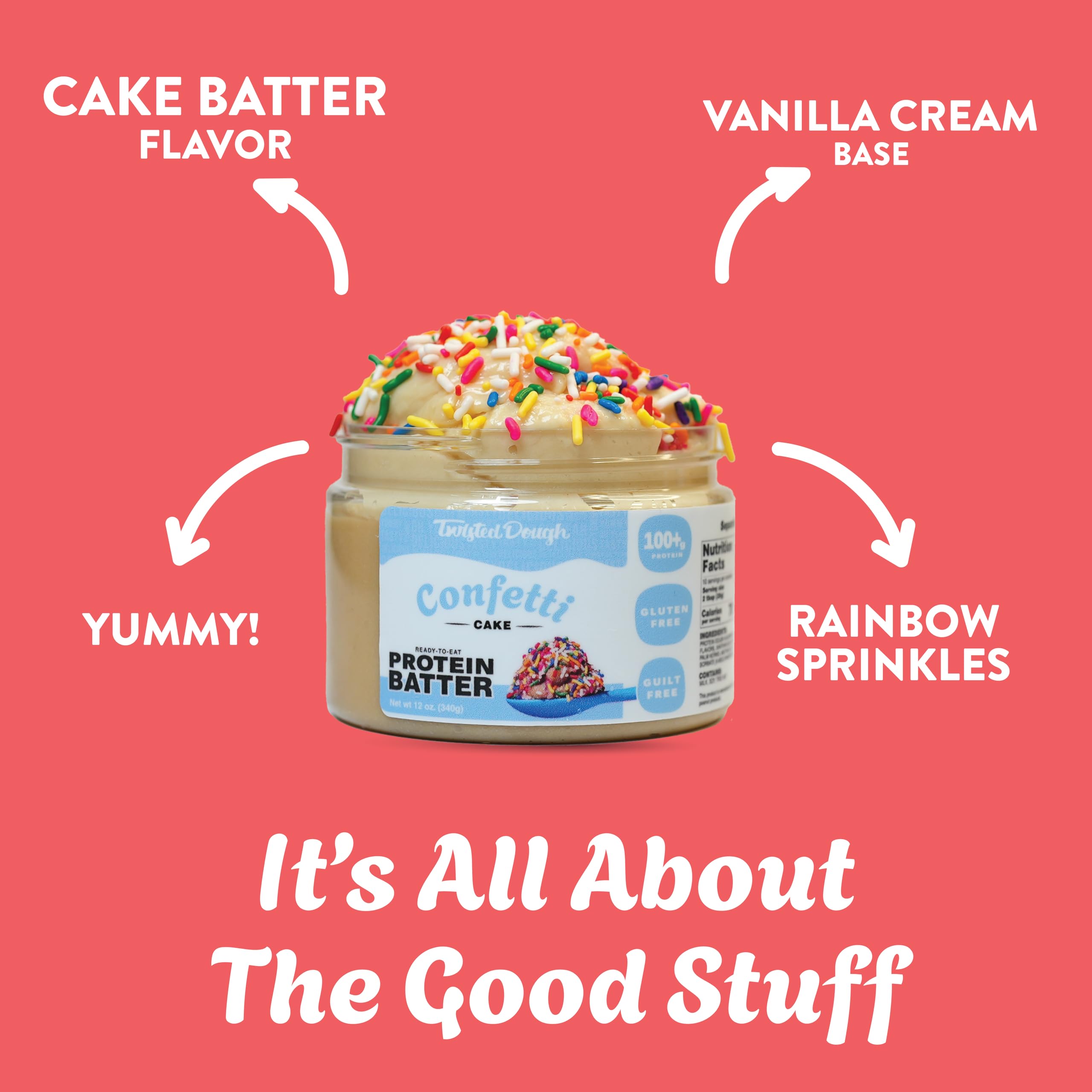 Twisted Dough - 2 Pack Confetti Batter Protein Cookie Dough | Healthy Ready-to-Eat Dessert with 100g Whey Protein per Jar | On-the-Go Snack for Gym, Work & Travel | Gluten-Free High-Protein Cookie Dough