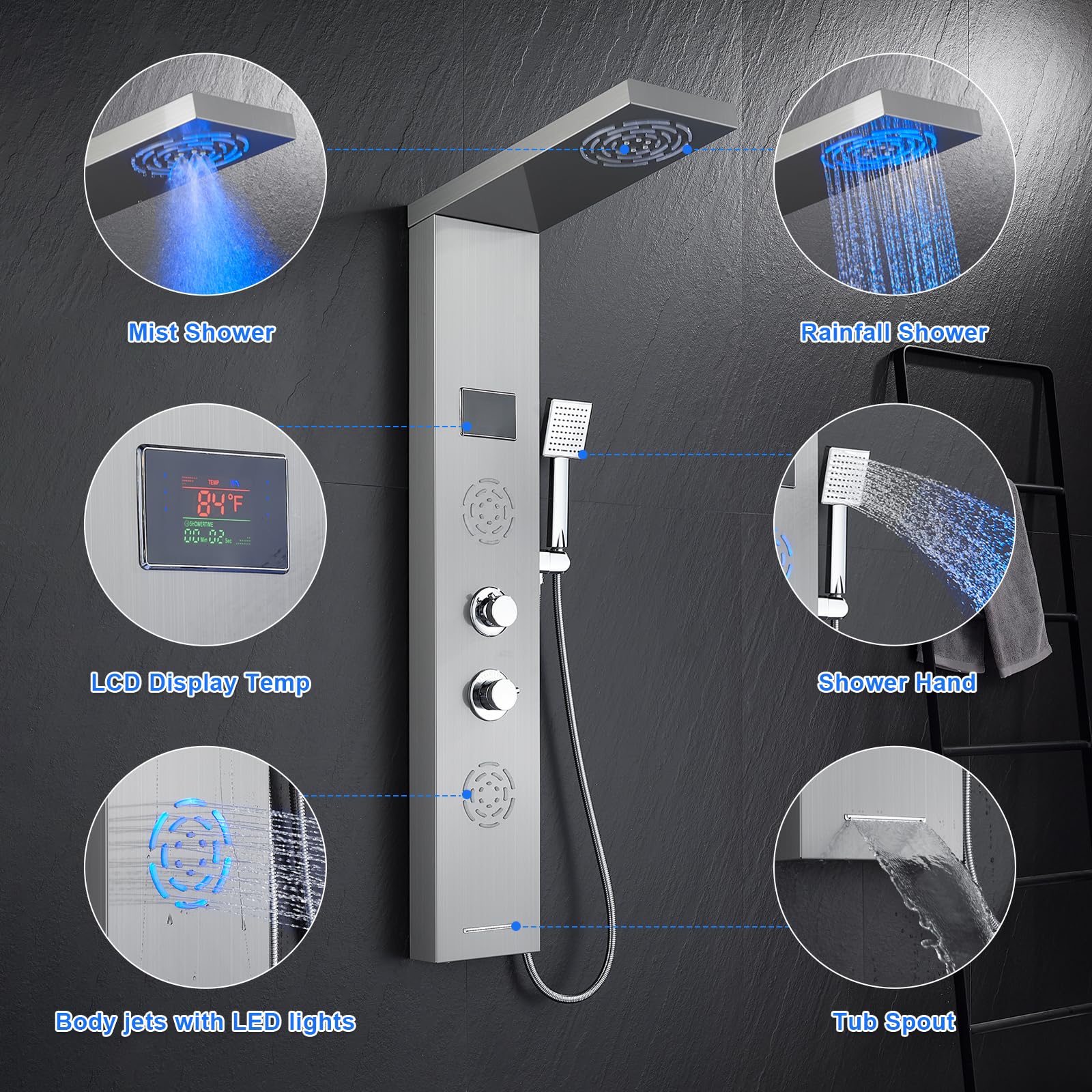 POPFLY LED Shower Panel Tower System with Rainfall Shower Head, 2 Body Jets, Tub Spout & Temperature Display - Brushed Nickel Finish - No Battery Needed - Perfect for Modern Bathroom Renovation and Spa-Like Shower Experience