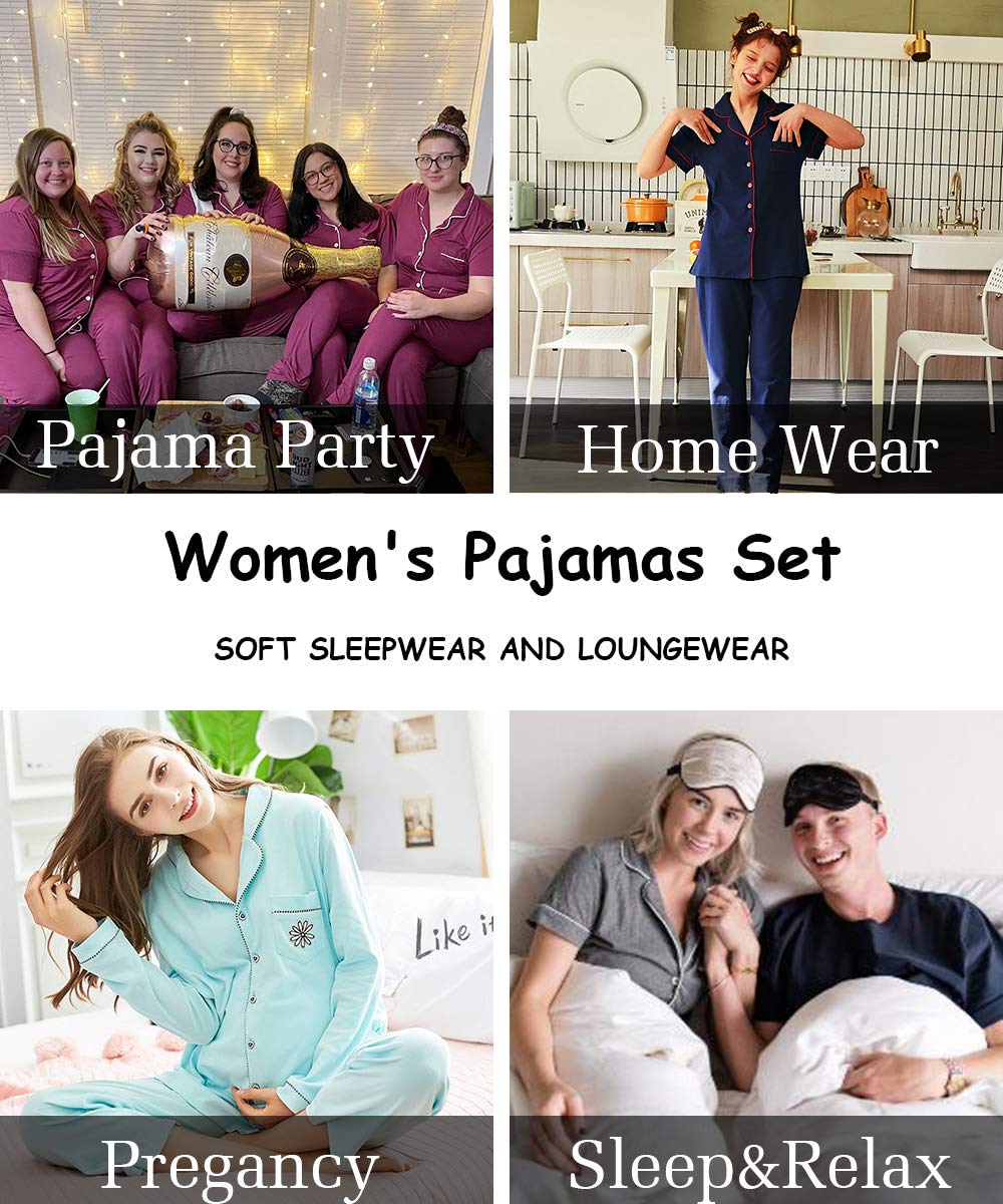 SWOMOG Women's 2-Piece Pajama Set - Soft Short Sleeve Button Down Sleepwear with Comfortable Long Pants for Nightwear, Lounge & Relaxation at Home