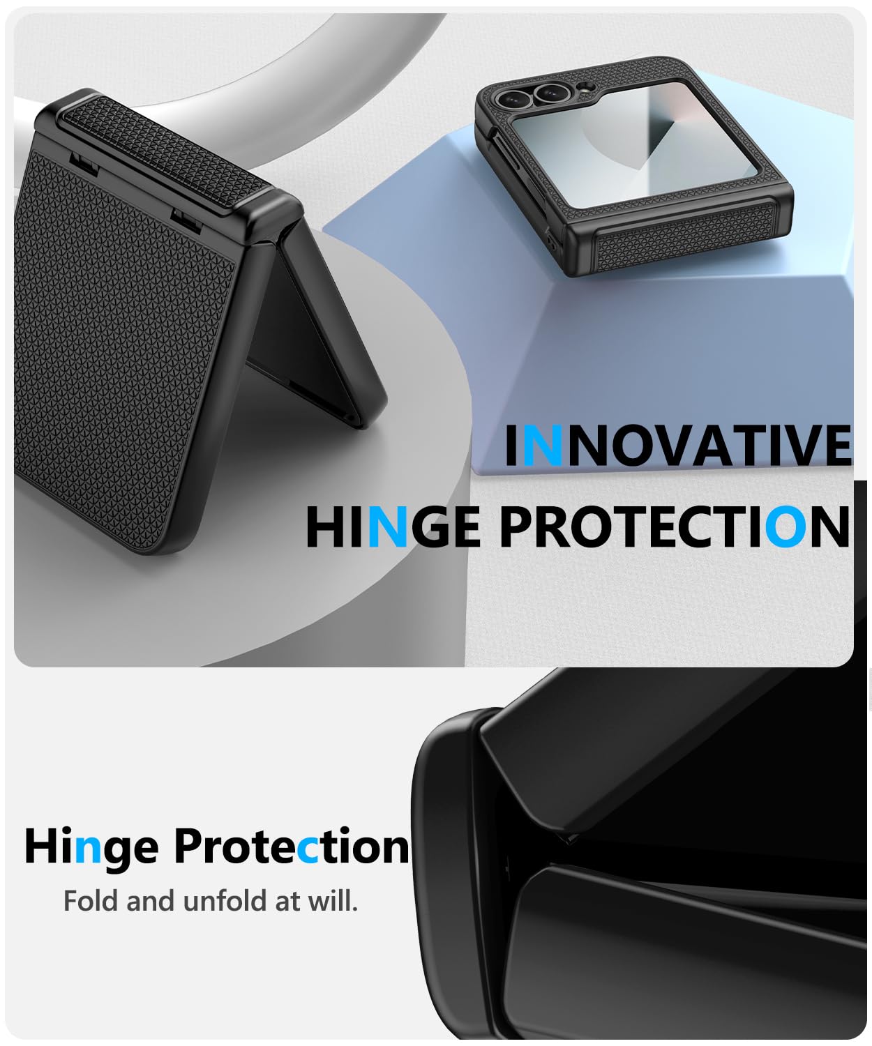 Vihibii Samsung Galaxy Z Flip 6 Case with Hinge Protection & Screen Protector - Slim Shockproof Rugged Cover | Non-Slip Stylish Texture | Perfect for Outdoor Activities, Travel & Daily Protection (2024 Model, Black)