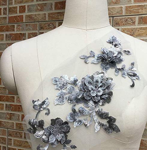 3D Embroidery Sequins Rose Patches - DIY Sewing Appliques for Garment & Dress Decoration - Costume Design Accessories for Performance, Wedding, Party (Gray) - Perfect for DIY Crafts, Fashion Design, and Costume Embellishment