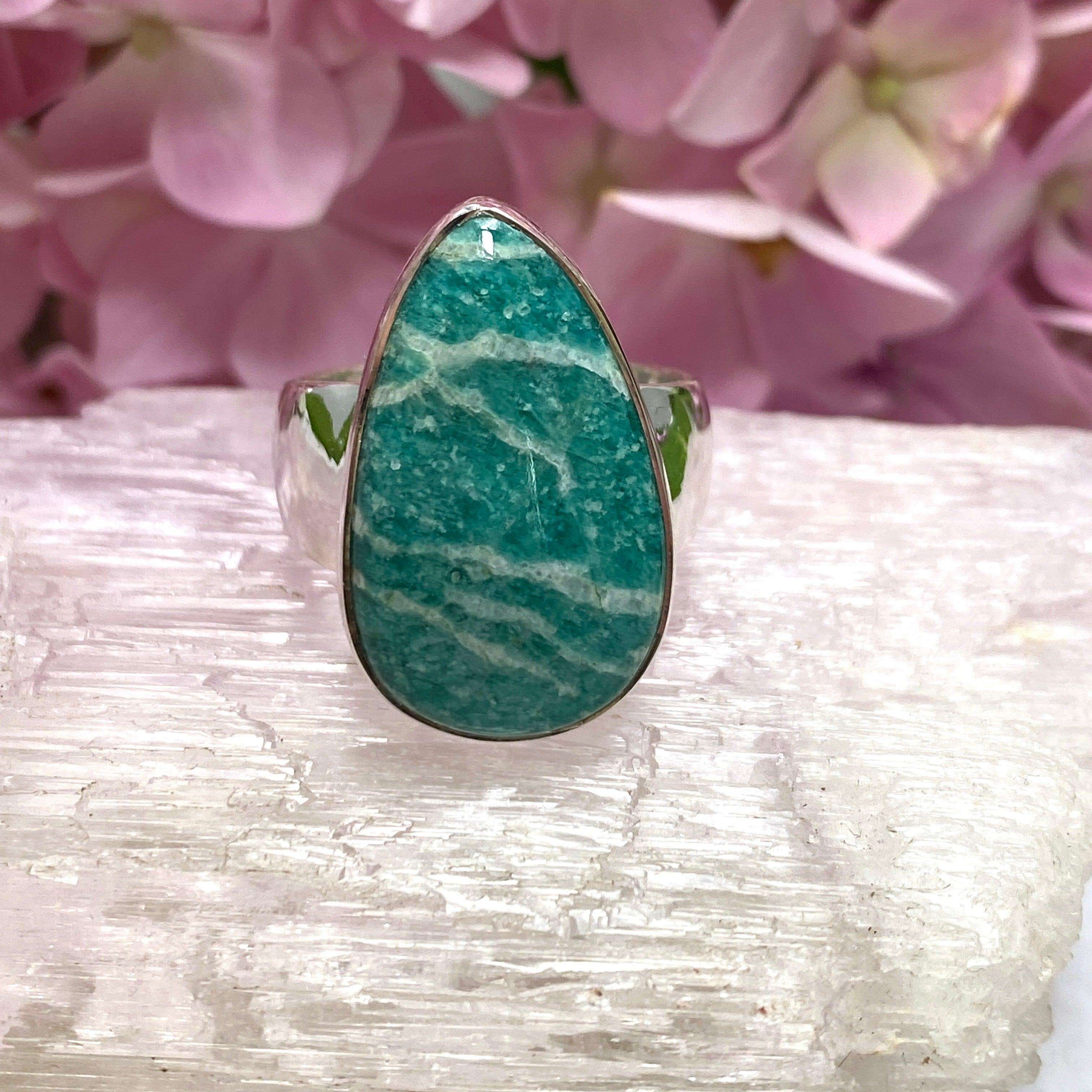 Amazonite Teardrop Ring - Size 7, Sterling Silver, Handmade Boho Jewelry (KRGJ2565) | Perfect for Wedding, Gift & Everyday Boho Fashion