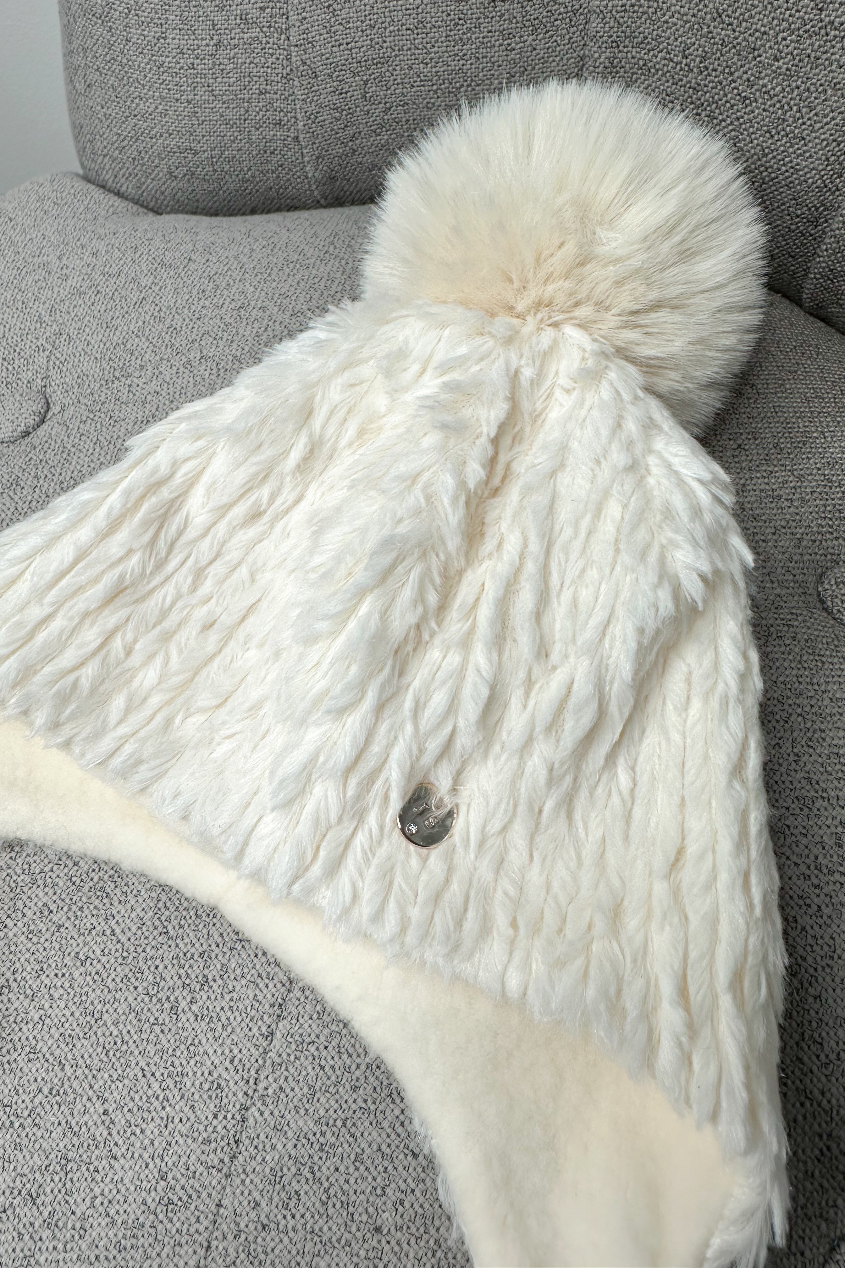 Ivory Faux Fur Winter Hat with Triple Pom Poms - Soft Warm Beanie for Women, Girls - Perfect for Snow Days, Skiing & Cold Weather Fashion