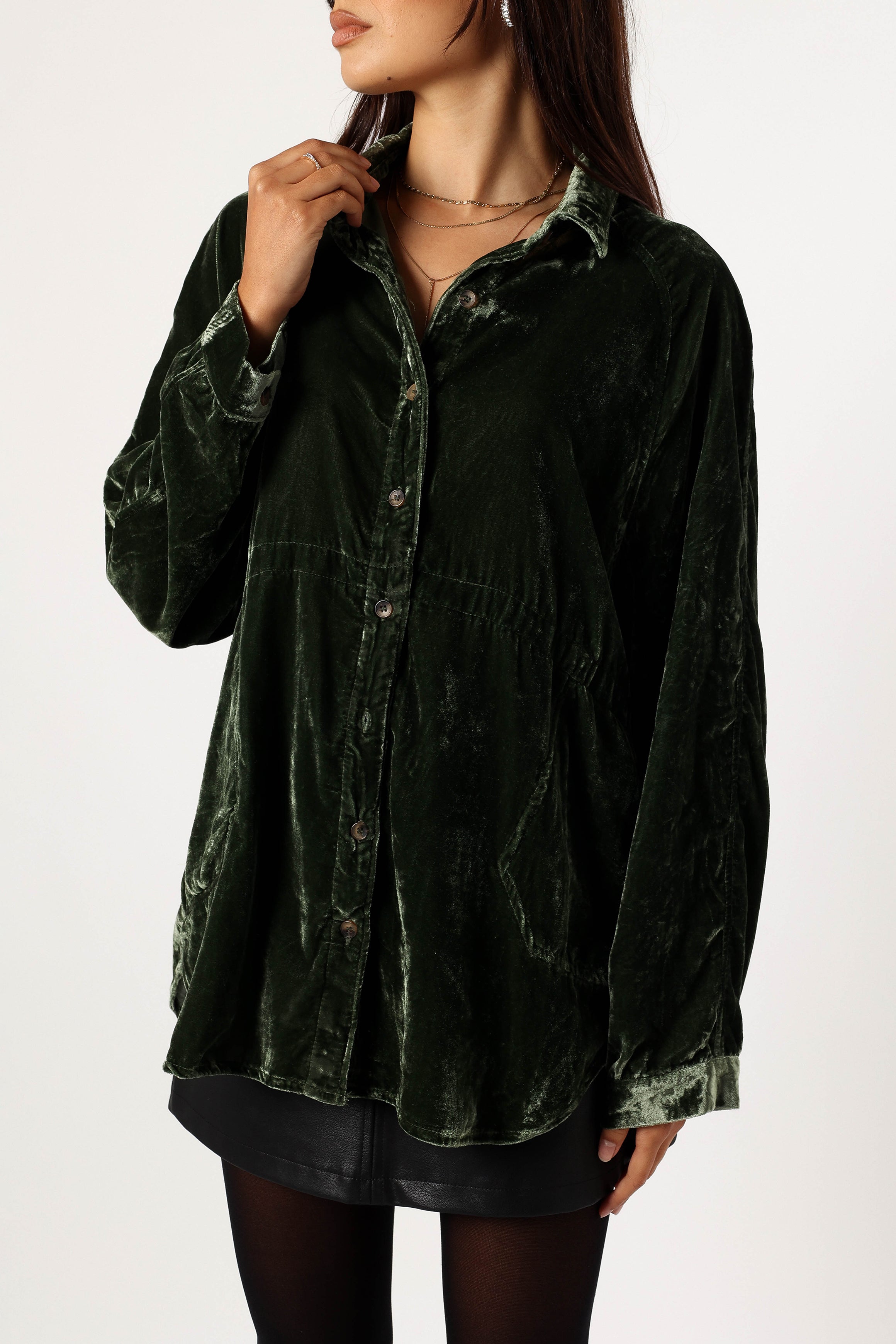 Chelsea Velvet Oversized Button Down Shirt for Women - Soft Olive Green Long Sleeve Blouse for Casual Wear & Office Outfits