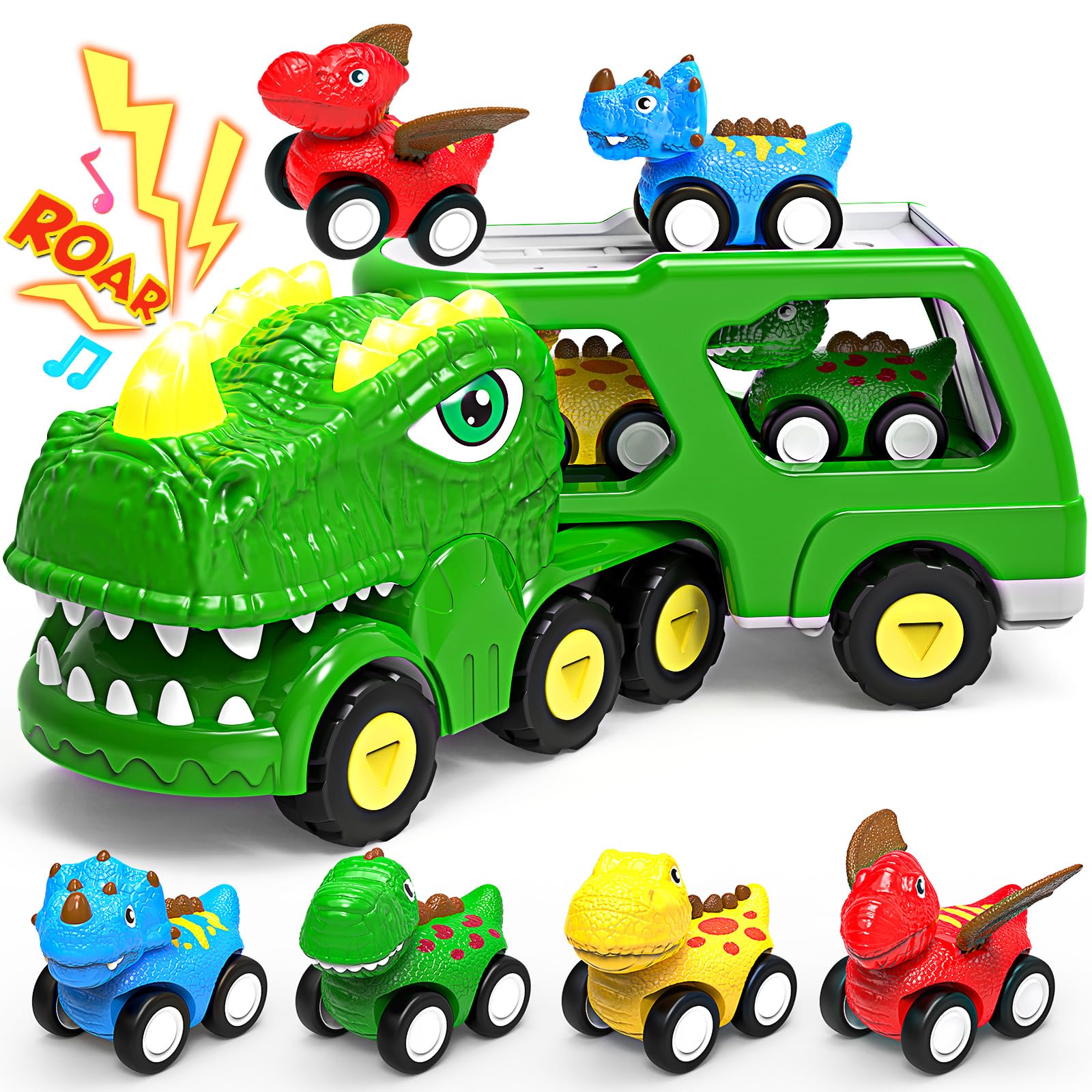 **ENJSD 5-in-1 Dinosaur Toys for Toddlers Ages 1-5 – Friction-Powered Dino Cars with Flashing Lights & Sounds – Best Gift for 1 2 3 4 5 Year Old Boys – Perfect for Playtime, Learning & Birthday Gifts**