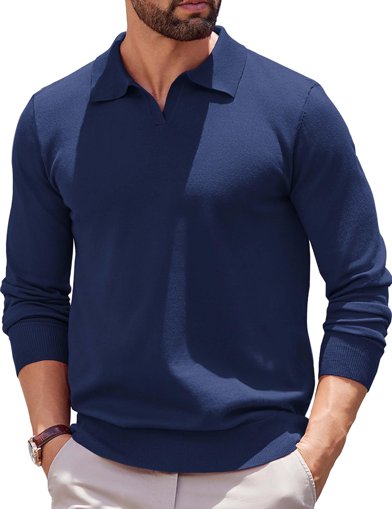 COOFANDY Men's Lightweight Ribbed Knit Polo Sweater - Long Sleeve Pullover Shirt for Casual & Business Wear | Perfect for Office, Date Night & Fall Layering