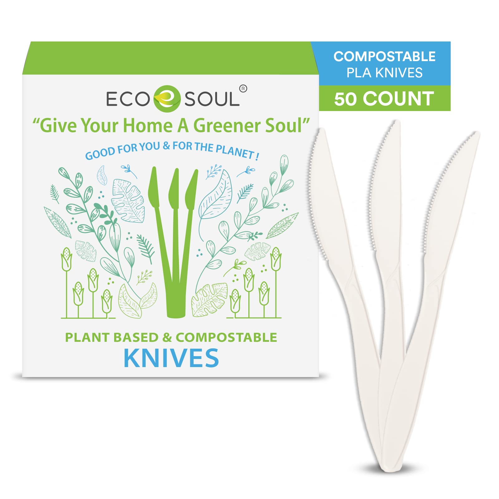 ECO SOUL Premium Compostable Knife Set - 100% Eco-Friendly Disposable Cutlery (Pack of 50) | Strong & Durable Biodegradable Utensils for Picnics, Parties & Outdoor Dining