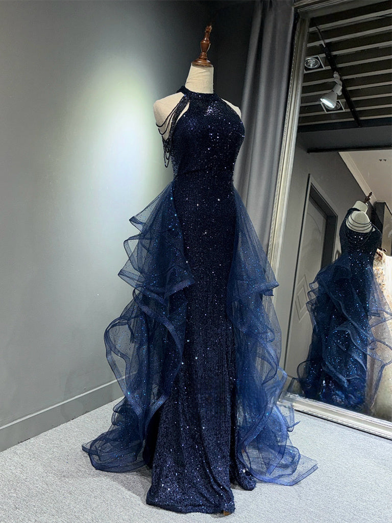 Elegant Dark Blue A-Line Tulle Sequin Long Prom Dress - Formal Evening Gown for Homecoming, Ball, and Special Occasions
