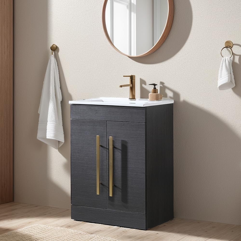 24 Inch Modern Bathroom Vanity with Sink - Small Space Black & Grey Cabinet with 2 Doors & Gold Handles | Perfect for Compact Bathrooms, Powder Rooms & Apartment Renovations