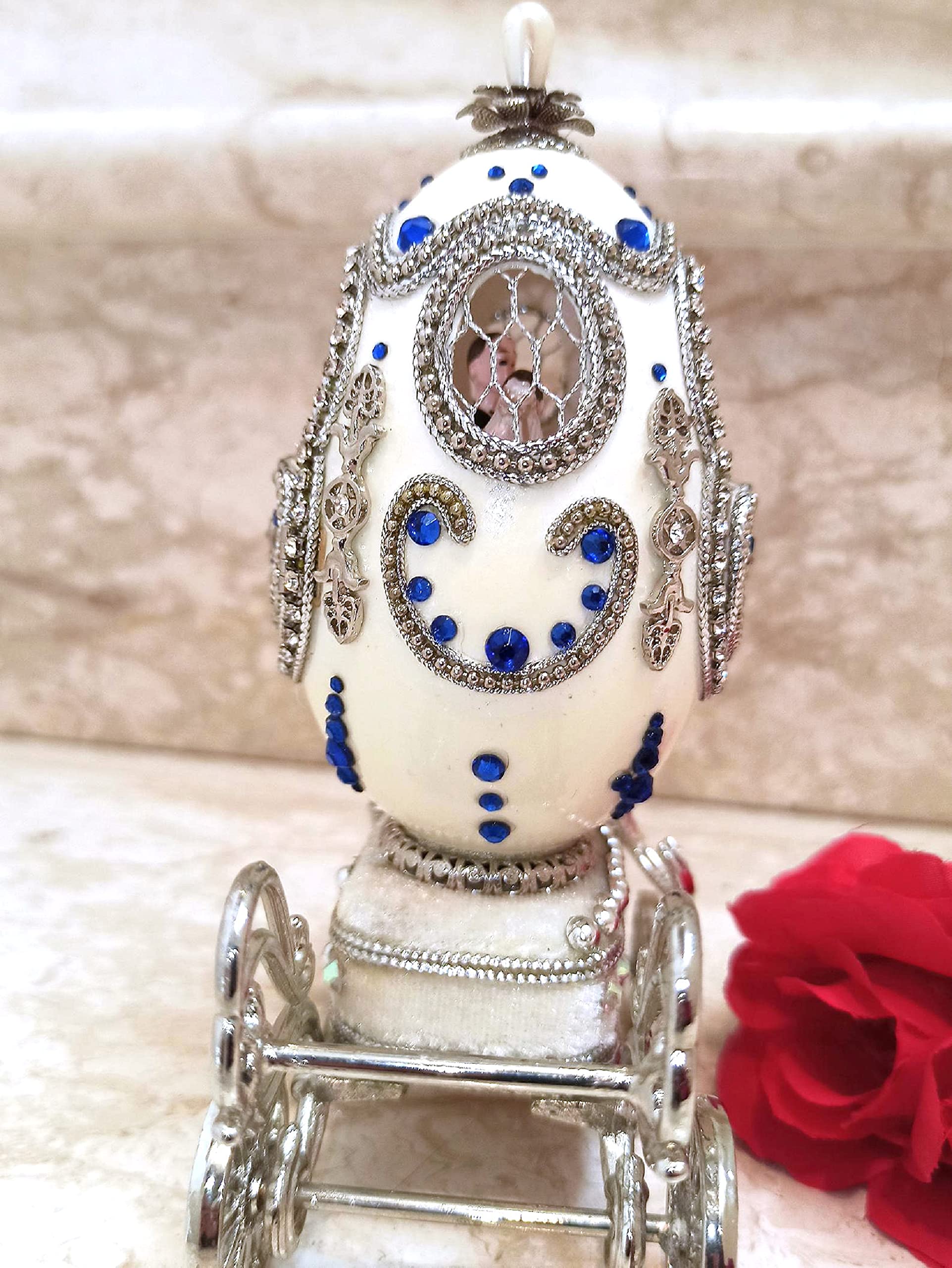 Exquisite Handcrafted Fabergé Egg Titanic Passion Jewelry Set - Silver Heart of the Ocean Necklace & Tennis Bracelet with Natural Sapphire, Unique Anniversary & Valentine's Gift for Weddings, Romantic Occasions and Special Celebrations