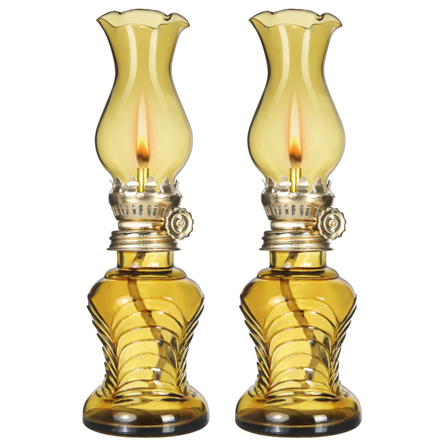 2 Pack Vintage Clear Glass Oil Lamps - Classic Kerosene Hurricane Lanterns for Indoor Tabletop Decor, Emergency Lighting & Power Outages (Yellow) - Perfect for Home Decor, Romantic Dinners & Outdoor Camping