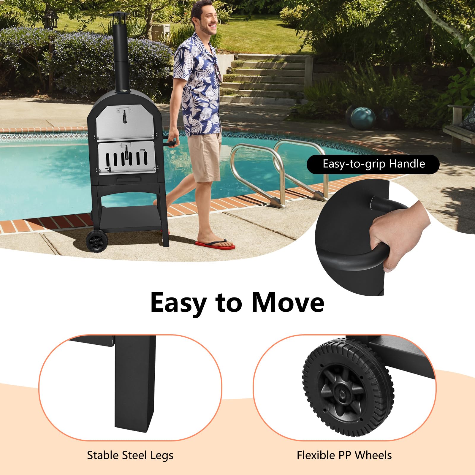 COSTWAY 70813-CYOP Wood Fired Outdoor Pizza Oven with Peel, Stone & Waterproof Cover - Portable Backyard, Patio, Camping Grill for Authentic Italian Pizza & BBQ Cooking