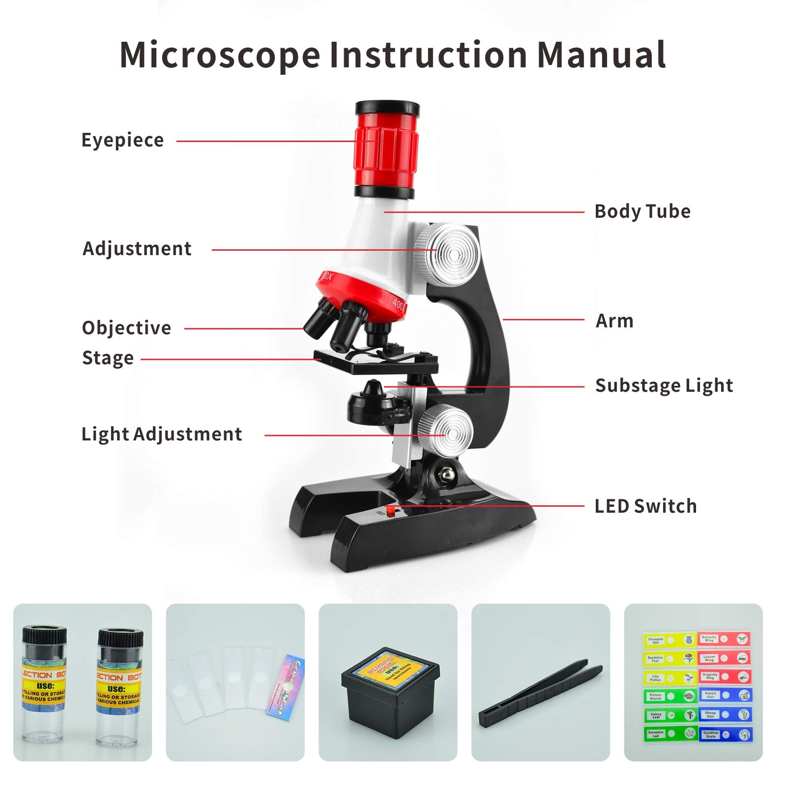 STEM Science Kits for Kids - Beginner Microscope with LED Light 100X 400X 1200X Magnification - Includes 5 Prepared Slides & Blank Slides - Perfect for Classroom Science Projects & Home Learning Activities