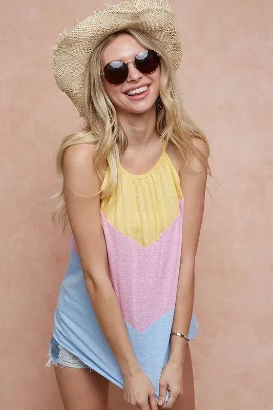 BiBi Triblend Knit Color Block Halter Neck Top - Women's Fashion Casual T-Shirt for Summer, Beach & Party Outfits