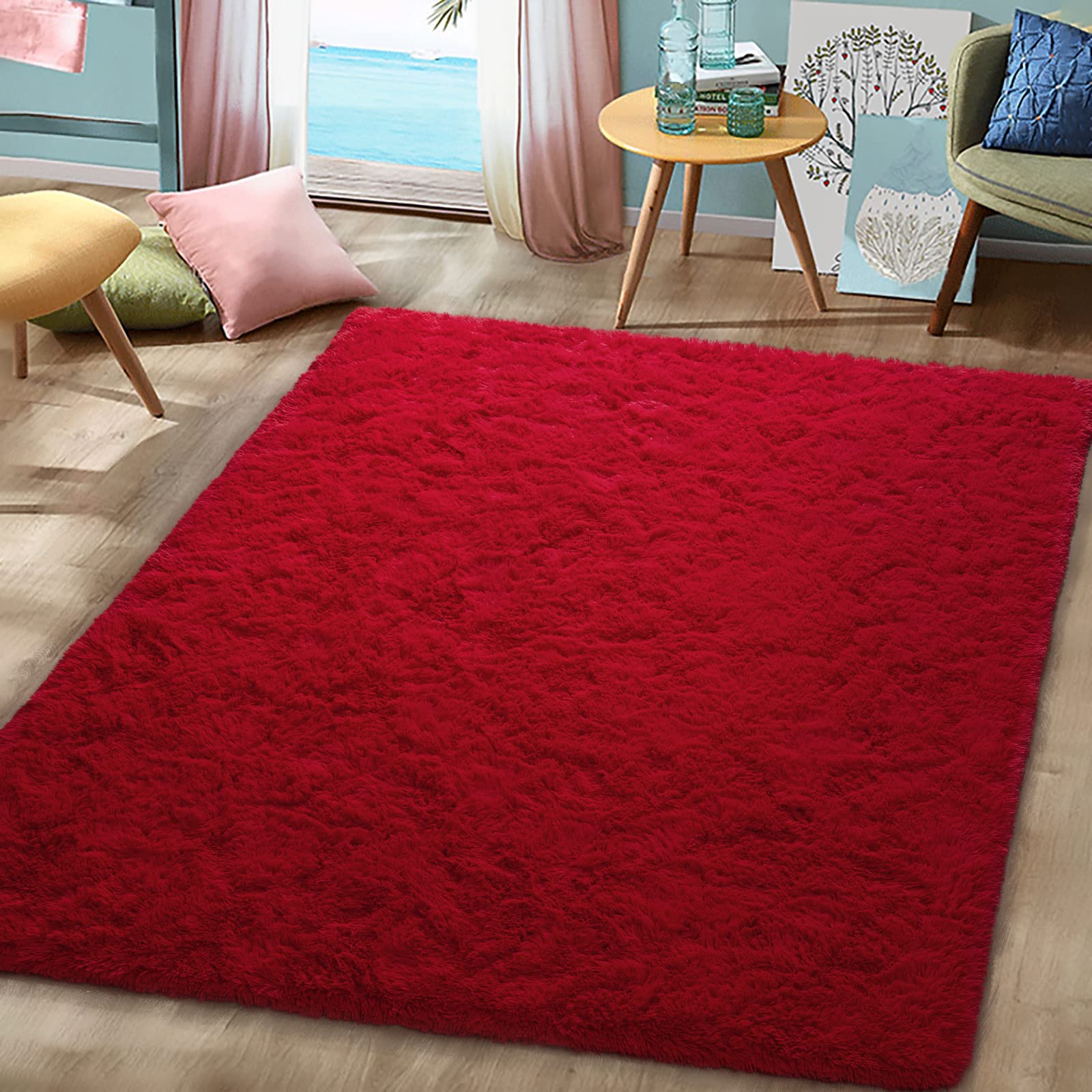 Soft Fluffy Red Shaggy Area Rug 4x6 Feet - Non-Slip Washable Carpet for Bedroom, Living Room, Kids Room, Nursery, Office & Dorm Decor | Cozy Home Accent for Comfort & Style