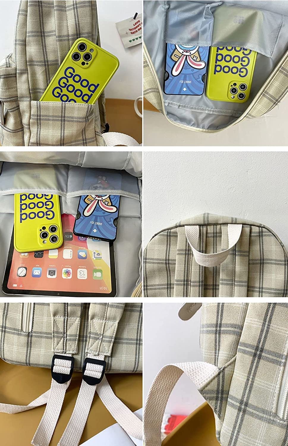 Light Academia Aesthetic Backpack - Plaid Preppy Bookbag for Teen Girls, Checkered School Backpack with Laptop Compartment (Stone) | Perfect for High School, College & Travel