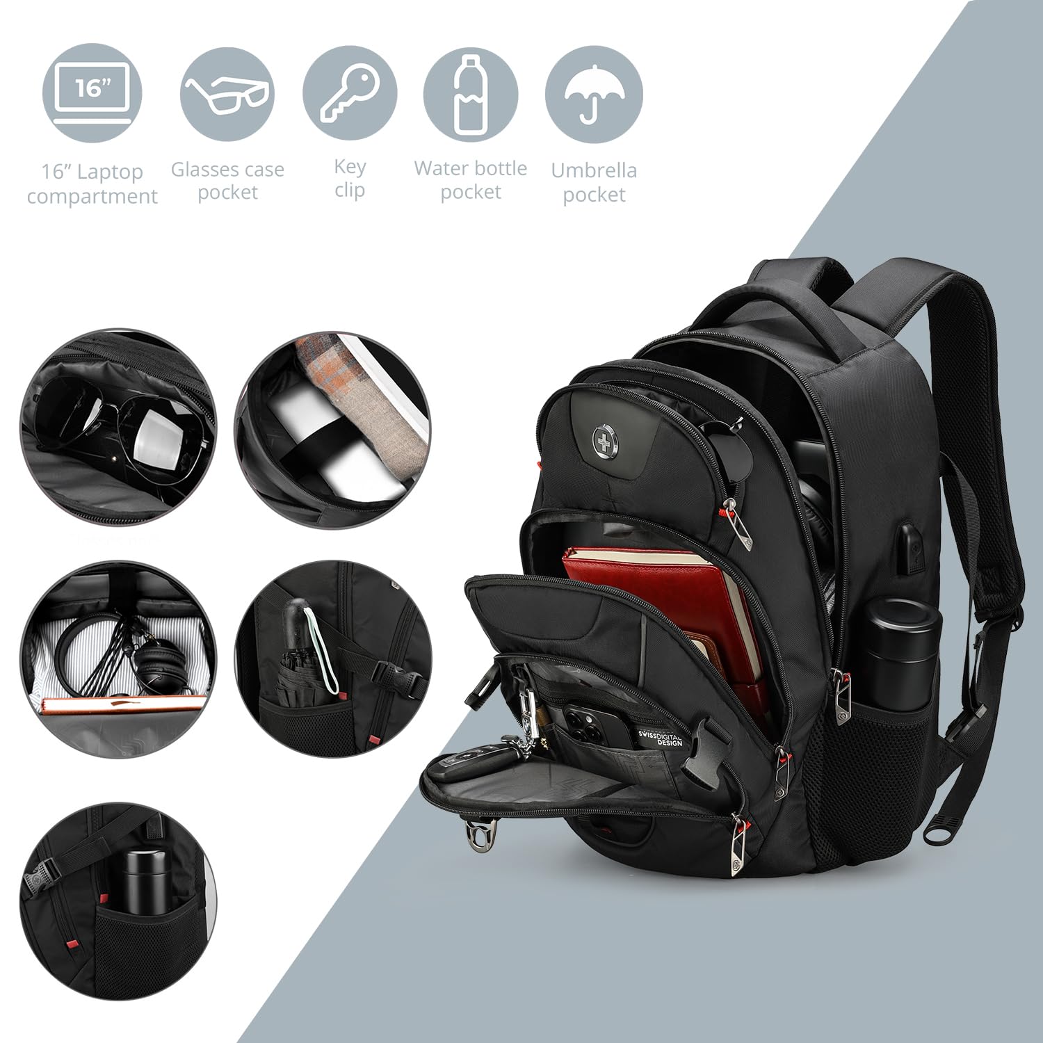 Swissdigital Business Laptop Backpack with USB Charging Port - Water Resistant 15.6 Inch Laptop Backpack for Men & Women - Perfect for Office, College, Travel & Commuting - Black (SD803)