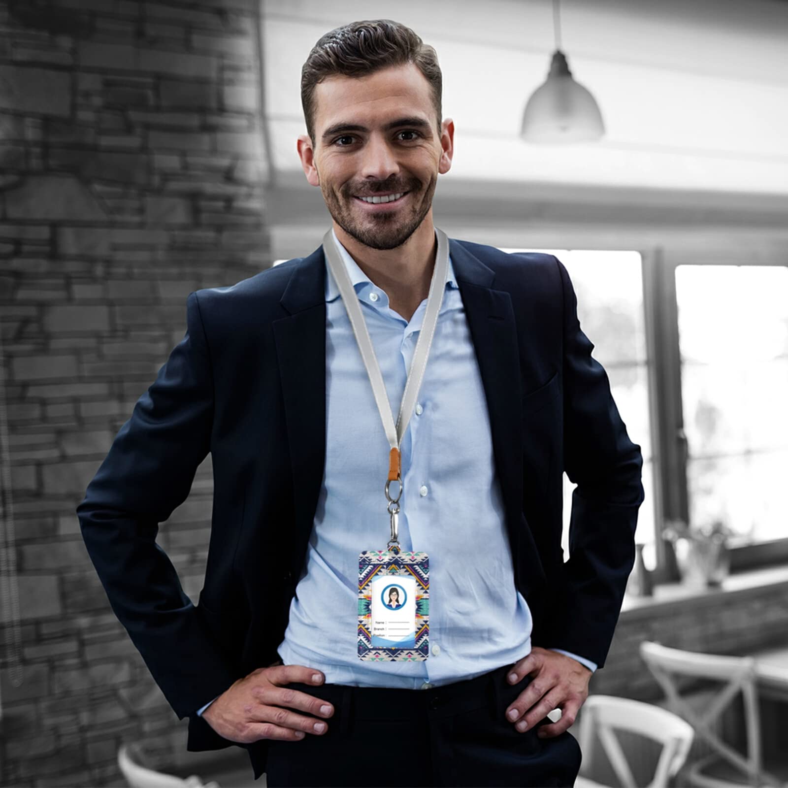 Colorful Geometric ID Badge Holder with Lanyard - Office & School Use