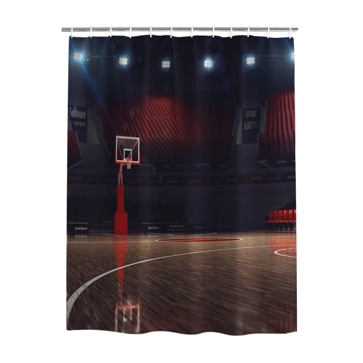 **Waterproof 3D Basketball Court Shower Curtain - 72 x 96 Inch Washable Fabric Bathroom Decor with Hooks - Perfect for Home, Hotel & Gym Locker Room**
