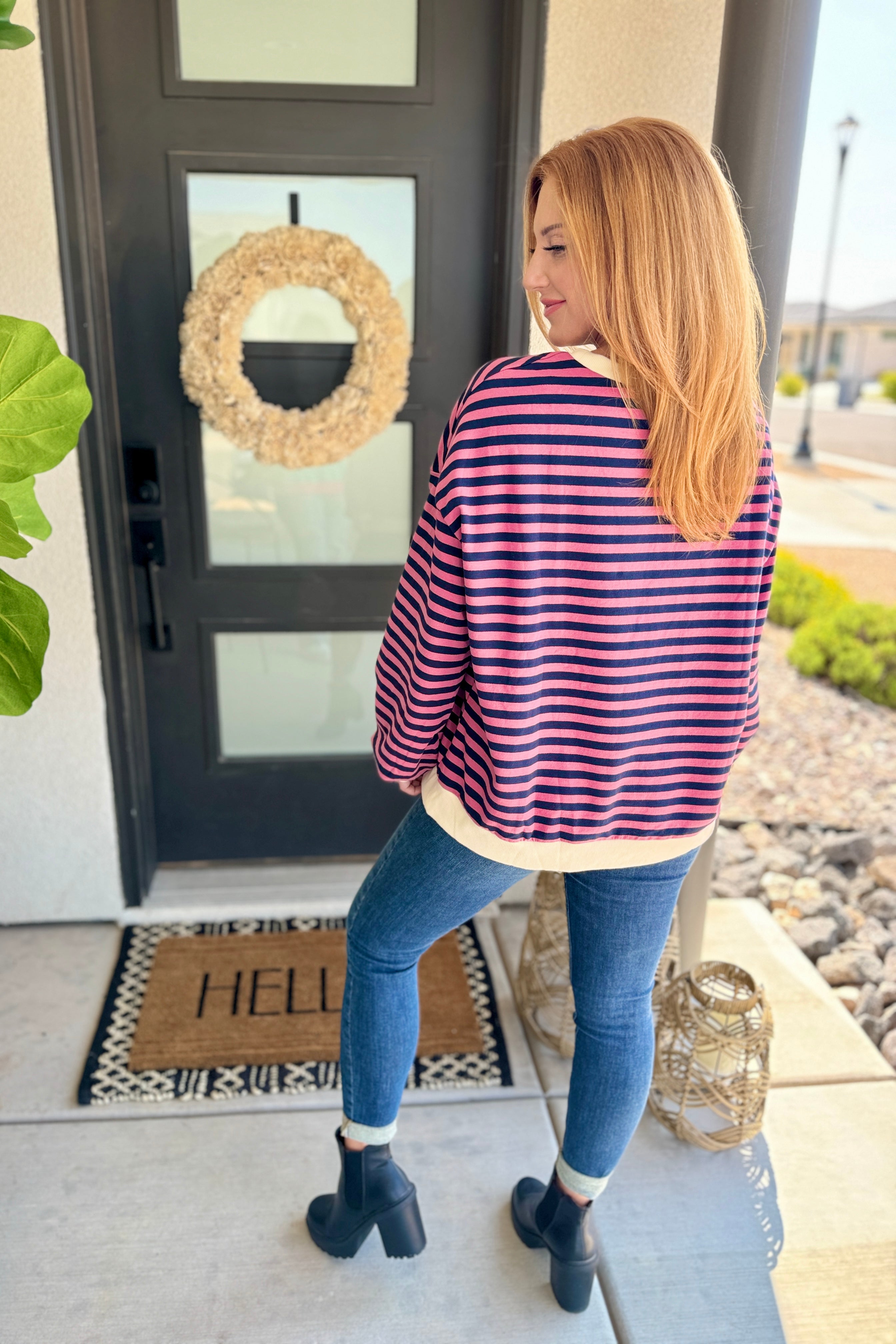 PREORDER: Larson Contrast Pullover Sweatshirt - Pink & Navy | Best Selling Women's Casual Pullover | Perfect for Workouts, Lounging & Everyday Wear