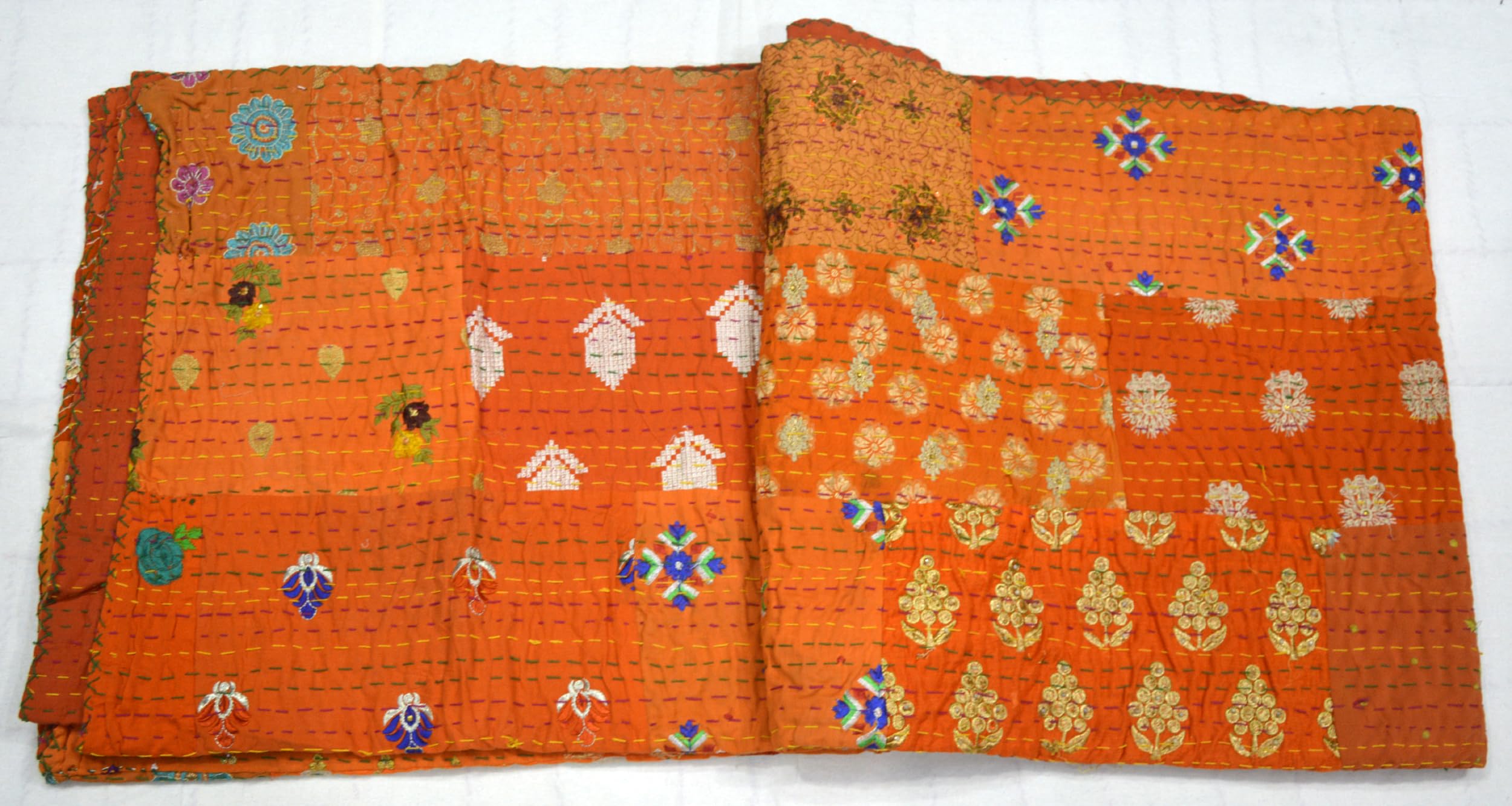 Marusthali Kantha Cotton Quilt - Handmade Indian Blanket with Sari Patchwork & Embroidery - Queen Size 90x108 Inch Bedspread, Throw, Coverlet - Orange with Sham Covers - Perfect for Boho Bedroom Decor, Guest Room Accent & Cozy Living Room Throw