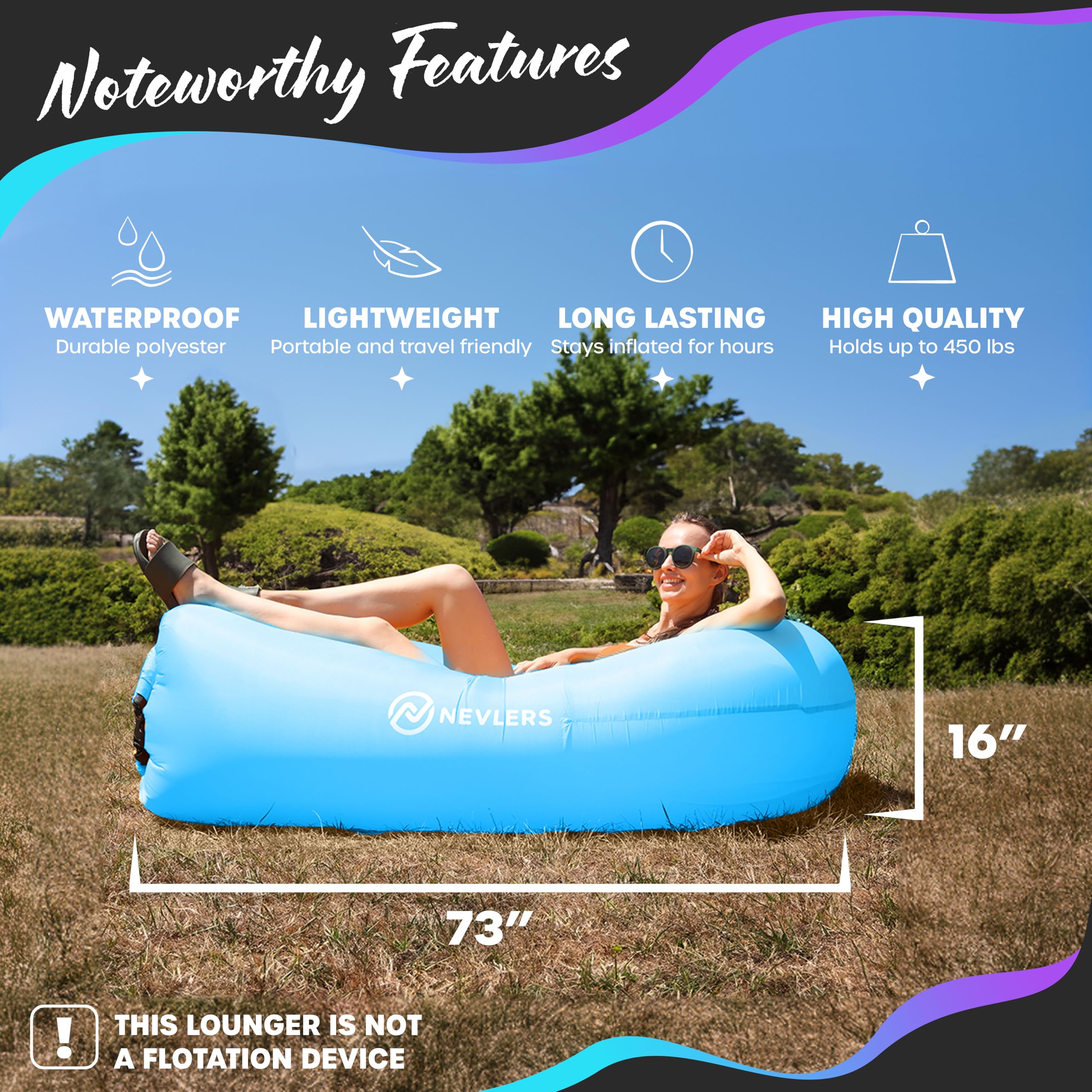 Nevlers 2 Pack Inflatable Lounger Air Sofa - Portable Blow Up Couch for Beach, Camping, Travel & Outdoor Relaxation | Includes Travel Bag, Pegs & 3 Storage Pockets | Perfect for Picnics, Backyard, Poolside & Movie Nights
