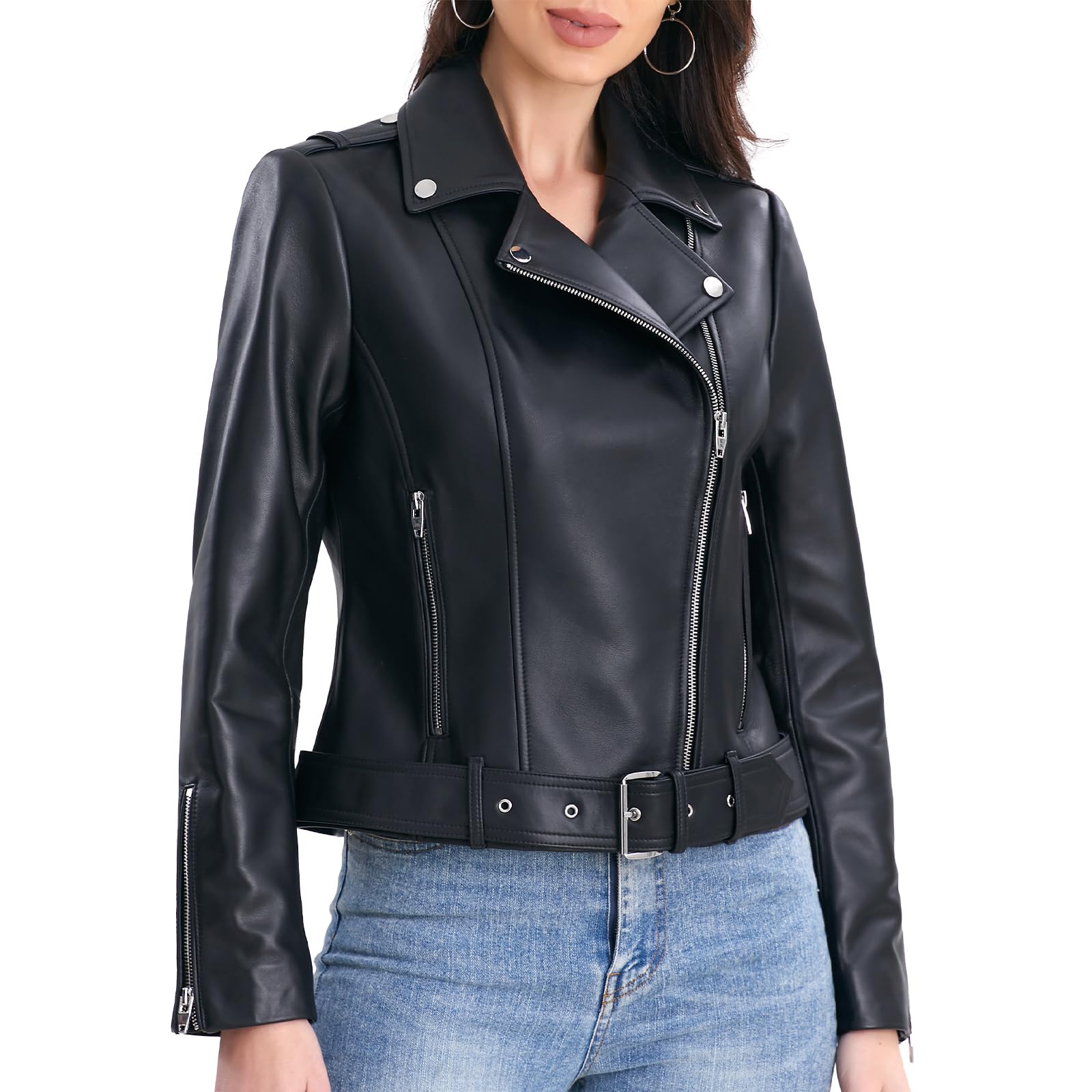 Women's Genuine Leather Jacket - Soft Lambskin Motorcycle Jacket with Zip Front & Adjustable Belted Waist, Multiple Pockets - Perfect for Riding, Casual Outfits & Night Out