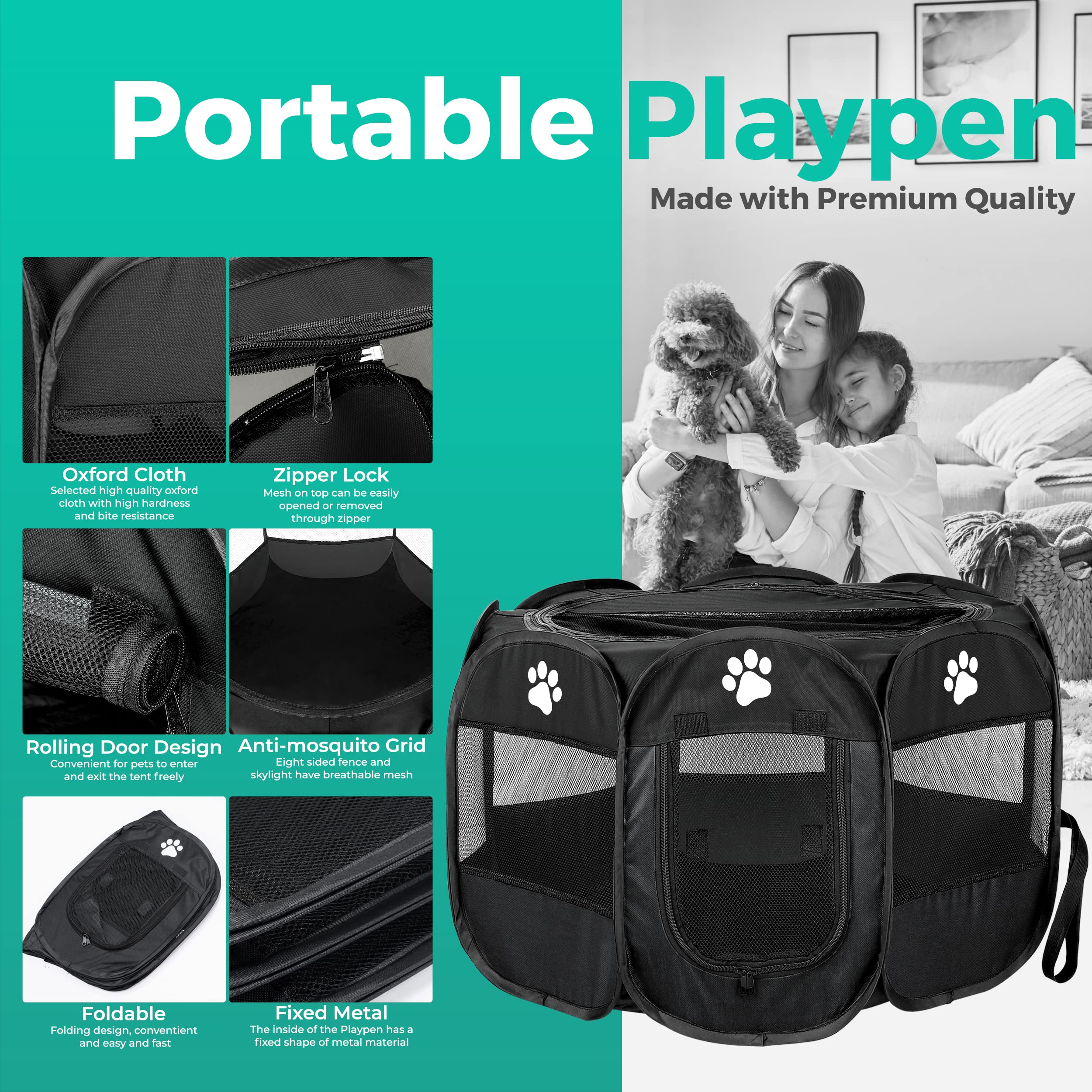 Portable Foldable Dog Playpen for Small Medium Large Dogs - Indoor & Outdoor Puppy Kennel with Travel Bag & Toys (Small, Black) - Perfect for Home, Travel, Camping & Backyard Play