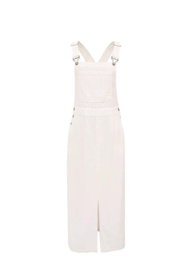 Charlize Denim Dungaree Midi Dress for Women - White Casual Jumpsuit with Adjustable Straps | Perfect for Spring Outfits, Brunch Dates & Weekend Wear