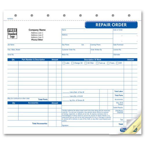 Small Format Carbonless Repair Order Forms for Auto Garages & Mechanics - Perfect for Vehicle Service Records & Maintenance Tracking